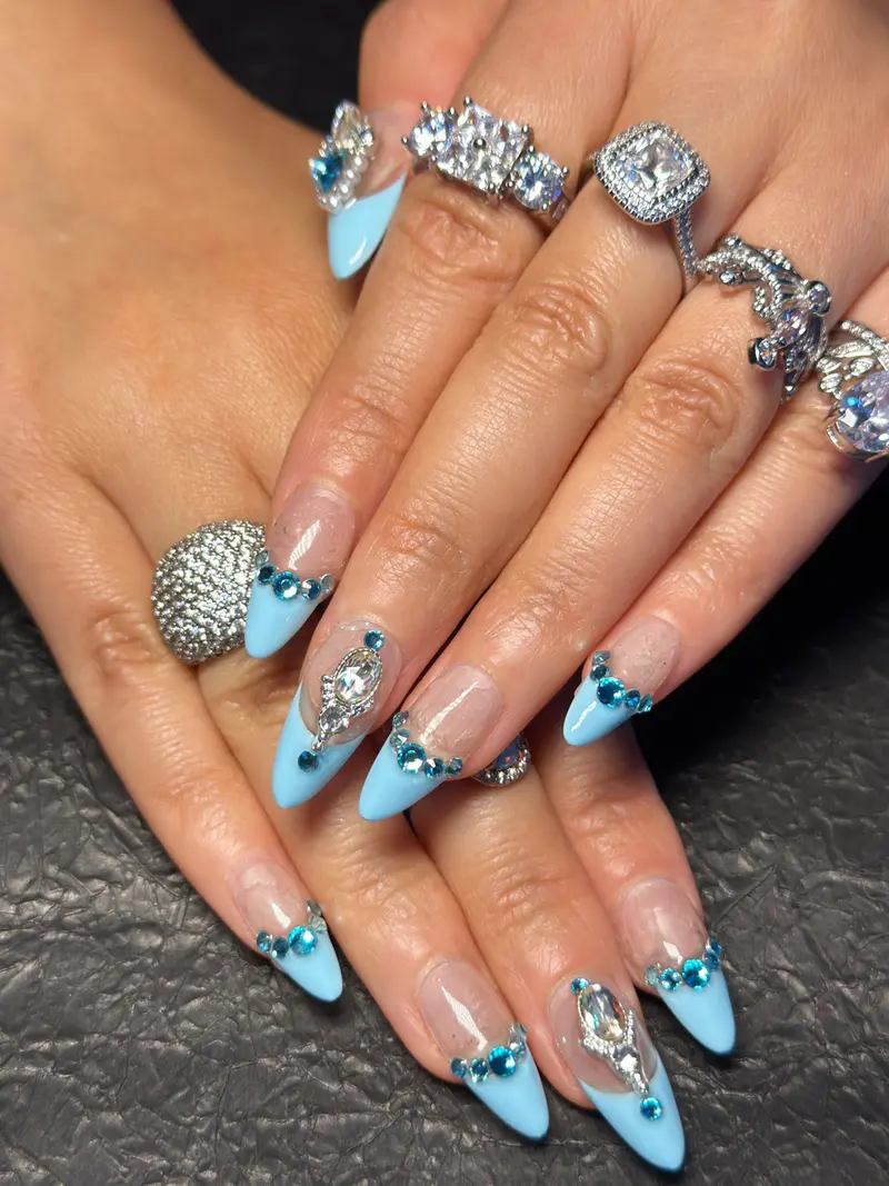 10 PCS Baby Blue Press On Nails/Rhinestone Handmade Press On Nails