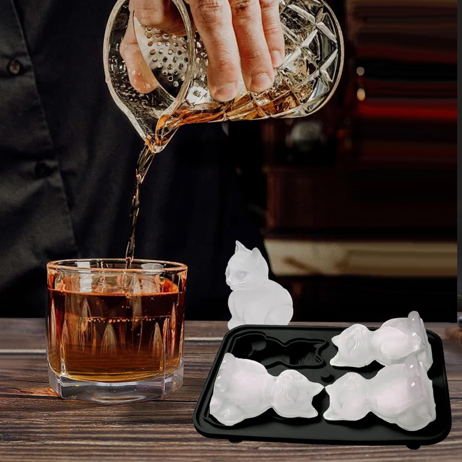 3D Cat Shaped Ice Cube Mold, 4 Hole Large Fun Shape Ice Cube Tray, Ice Molds for Cocktails, Bourbon, Brandy, Cocktail Whiskey Bourbon, Funny Cat Gifts for Cat Lovers