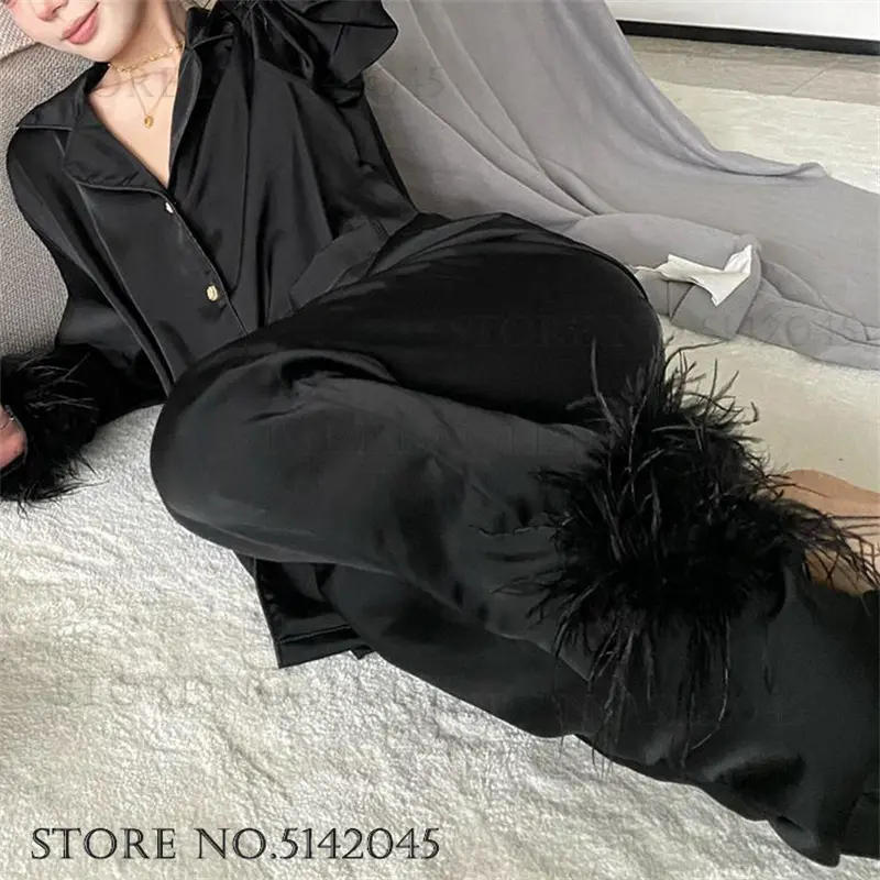 Spring New Female 2PCS Pajamas Set Fashion Feathers Long Sleeve Trouser Pijamas Suits Lounge Wear Loose Silk Satin Home Clothes