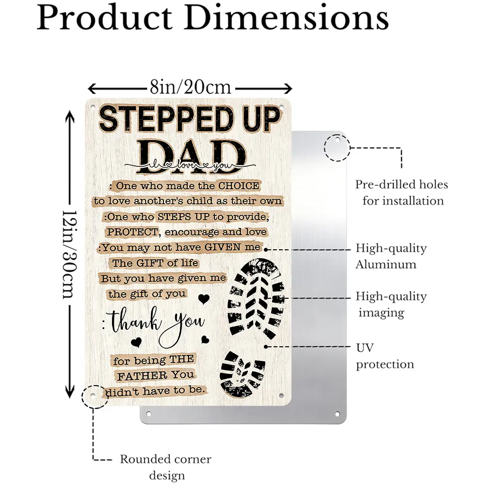 Stepped Up Dad Thank You Definition Quote Sign, 8"x12", Rust-Proof Aluminum Metal Sign, Stepfather Appreciation Gift, Father’s Day Keepsake, Vintage Rustic Style, For Bedroom & Office Display, Bonus Dads, Perfect Birthday Gift, Sentimental Family Print