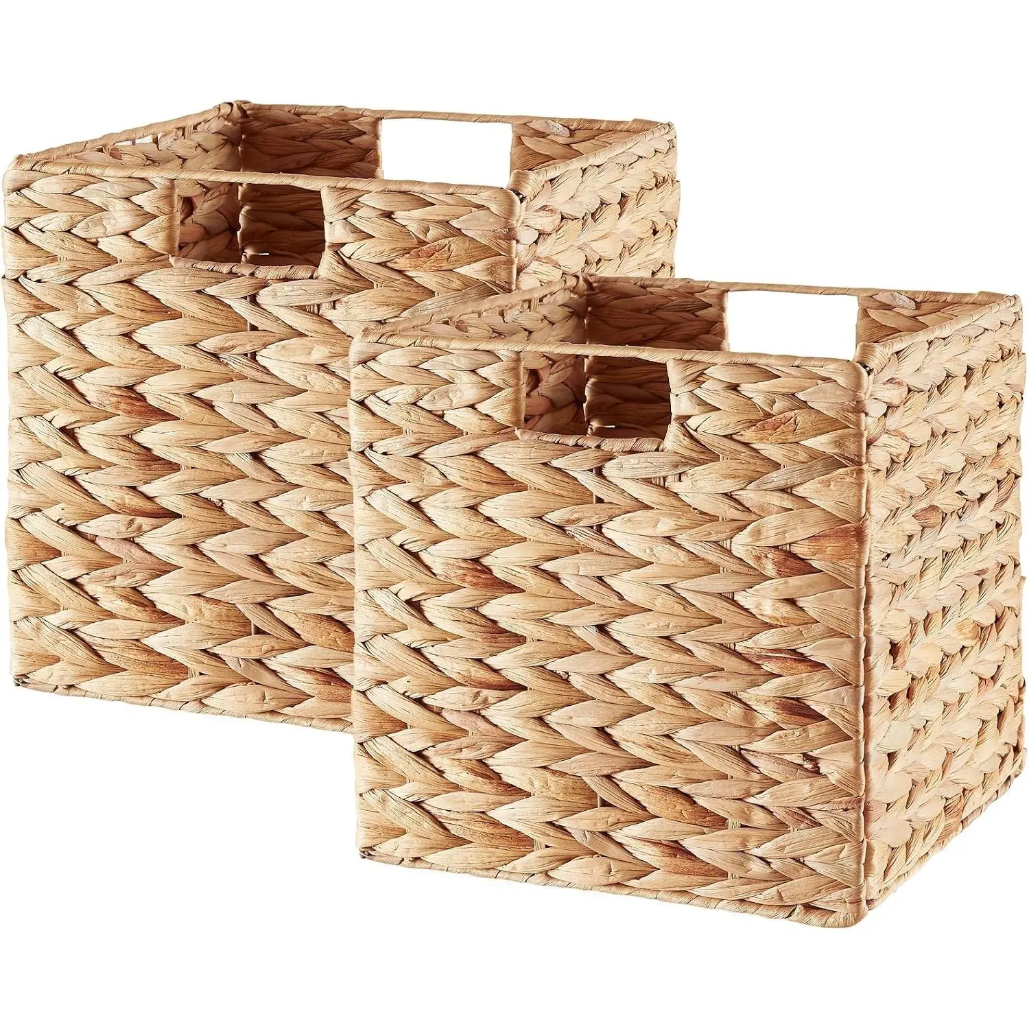Vagusicc Set of 2 Hand-woven Water Hyacinth Storage Baskets, 13 Inch Foldable Wicker Cube Storage Bins, Square Organizer Baskets for Shelves, 13''x13''x13''