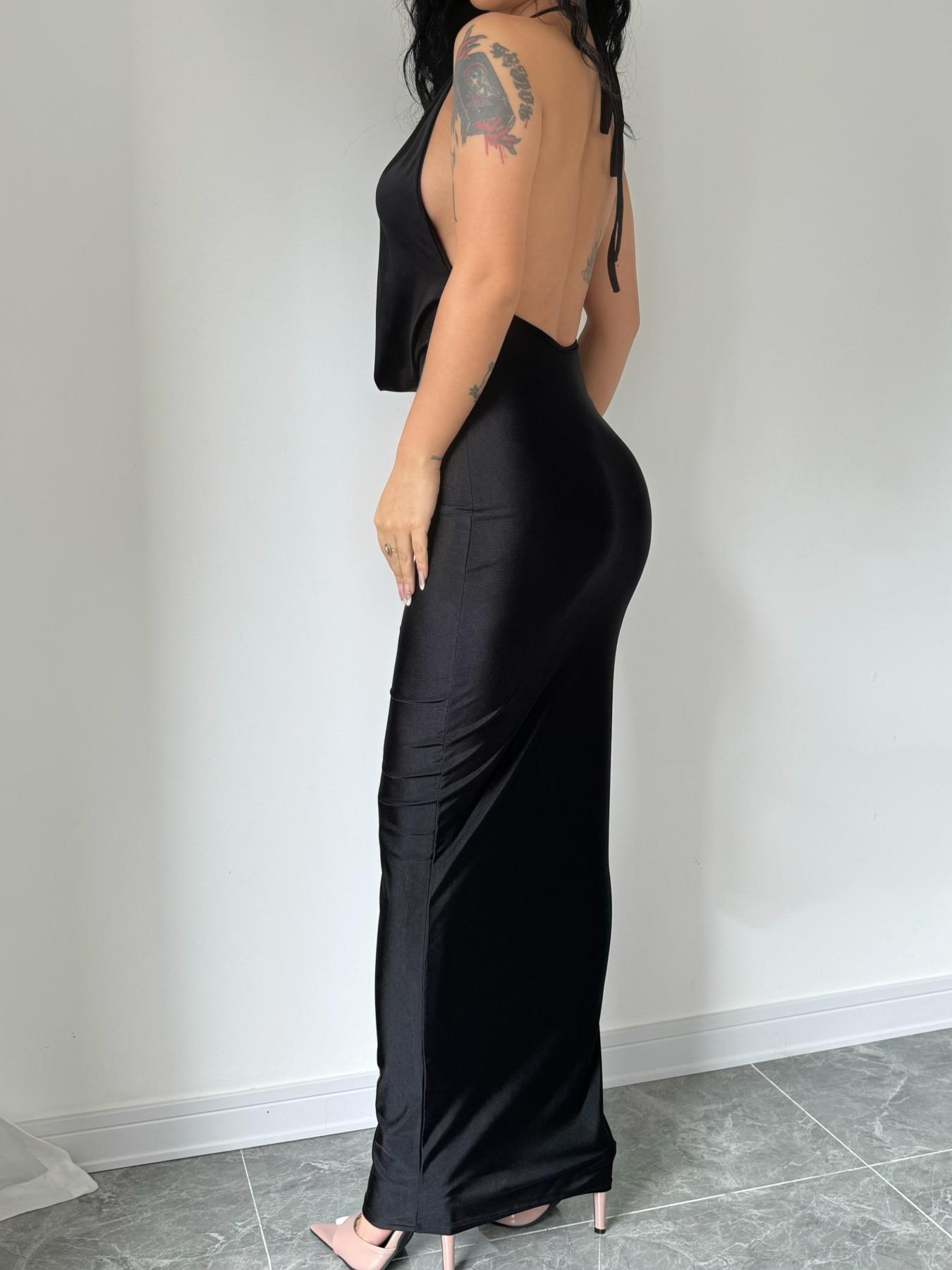 Women's Solid Backless Draped Tie Back Satin Dress, Fashion Halter Neck Sleeveless Long Slim Bodycon Dress for Evening Party, Summer Outfits 2026, Ladies Summer Clothes