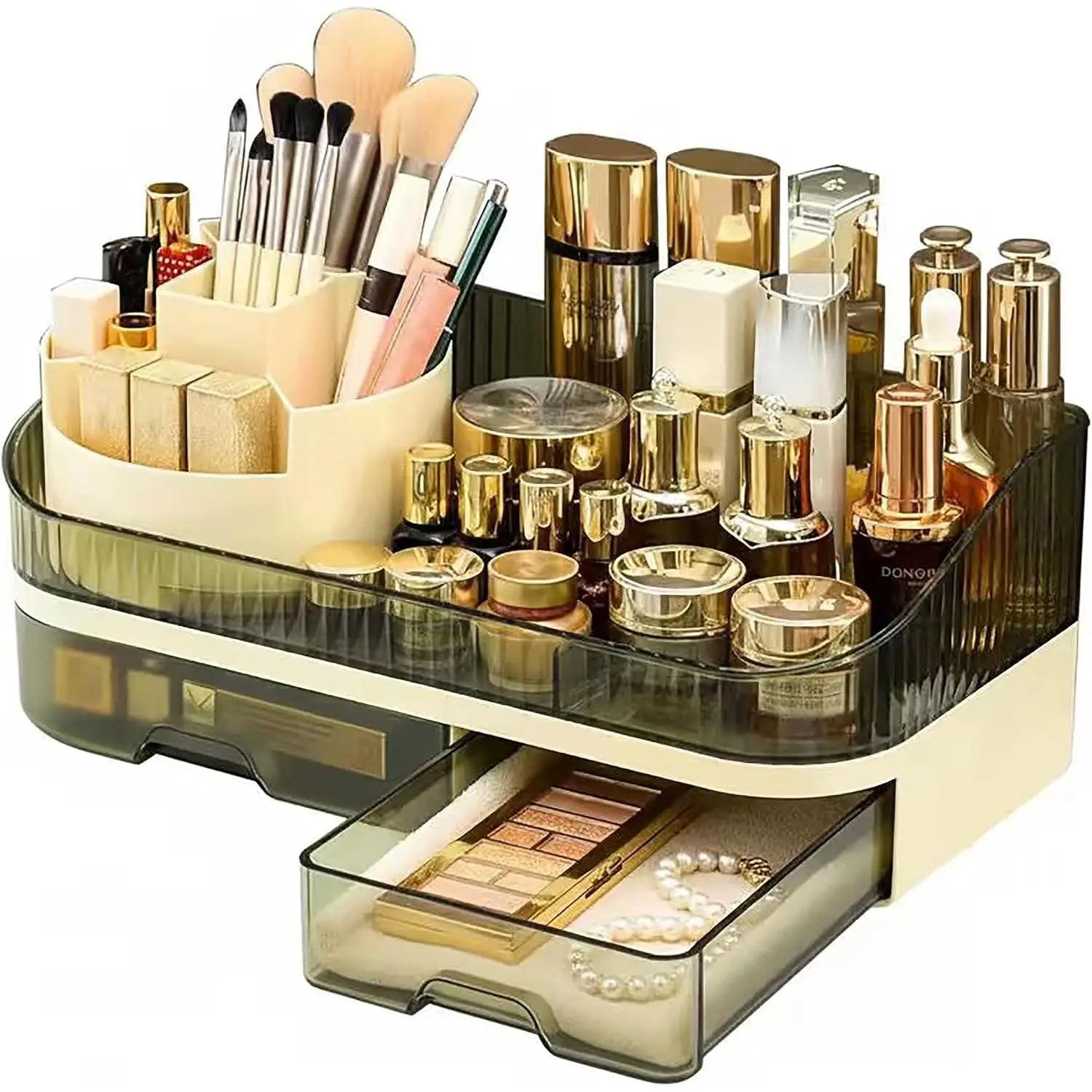 Makeup Organizer Countertop with  Drawers, Large Capacity  Storage for  Bathroom Skincare, 360° Rotating Makeup Brush Holder