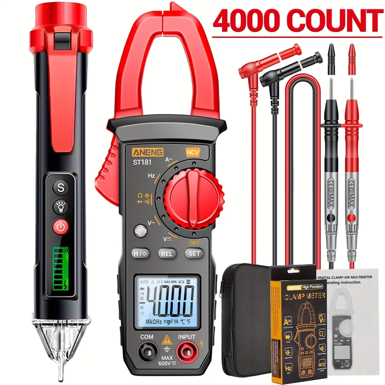 St181 Digital Clamp Meter Multimeter Tester, Advanced Measurement Pen, 4000 Counts, Ncv, Amps Ohms Voltage, Ac/dc Current, Capacitance, Resistance, Diode, Frequency, Backlight