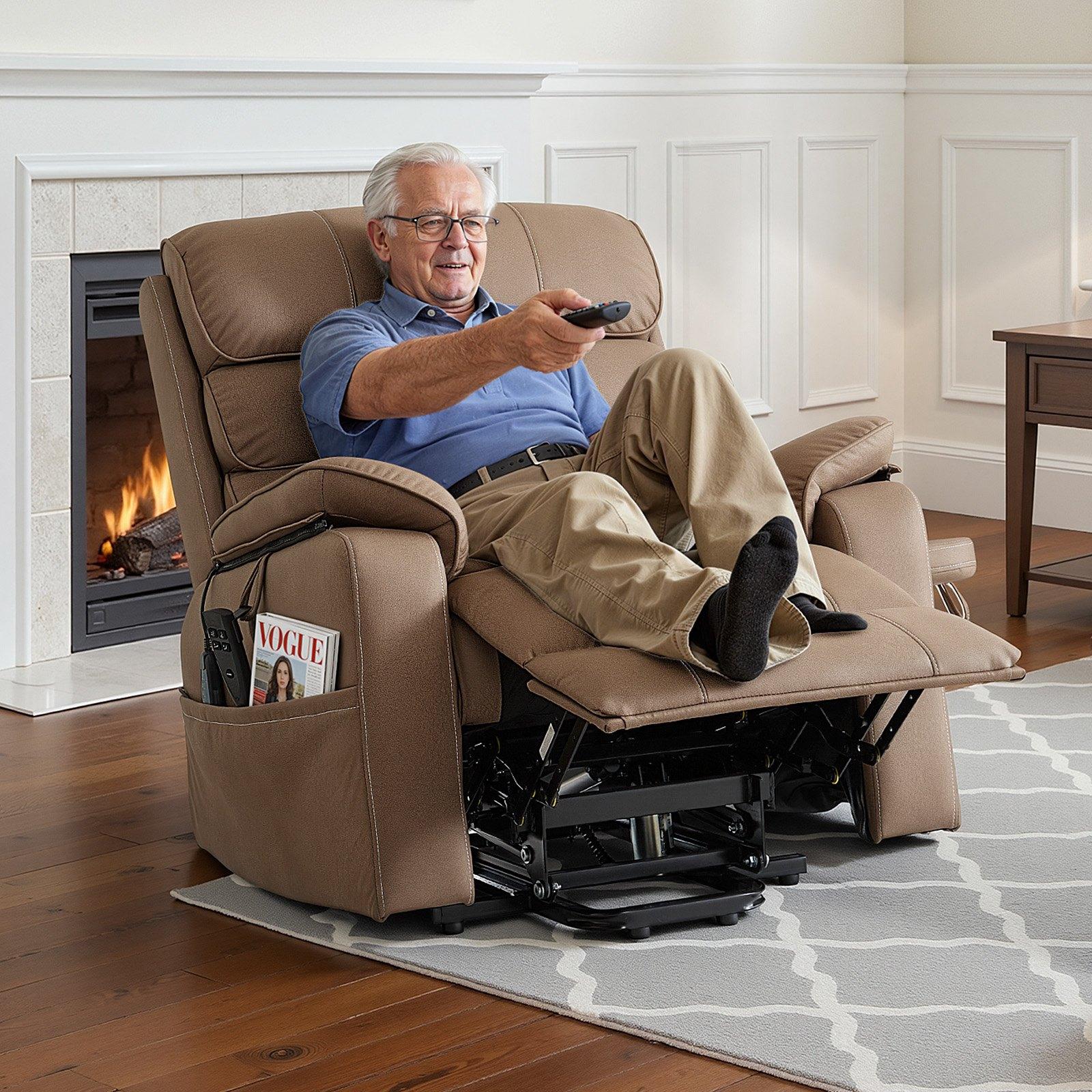 VEVOR Power Lift Recliner Chair, Dual Motor, Medium Wide Electric Lift Chair with Heat and Massage for Elderly, Infinite Position Adjustment, Leather Surface, with Storage Pocket, Cup Holder, Brown
