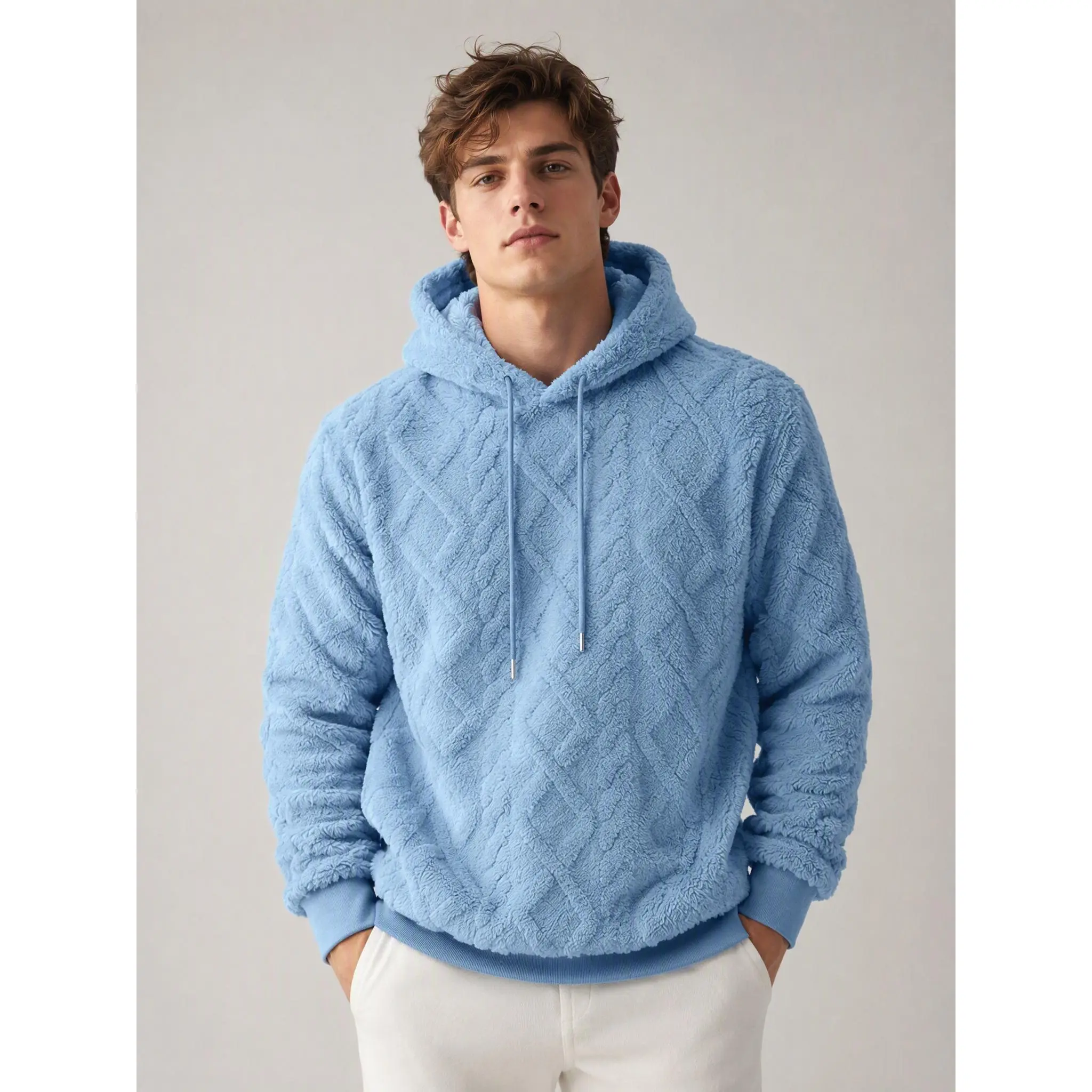 Men’s Hooded Sweatshirt - Menswear Tops, Long Sleeve, Chic Jacquard Diamond-Pattern, Double-Faced Fleece, Loose-Fit, Casual High-Street, Plain