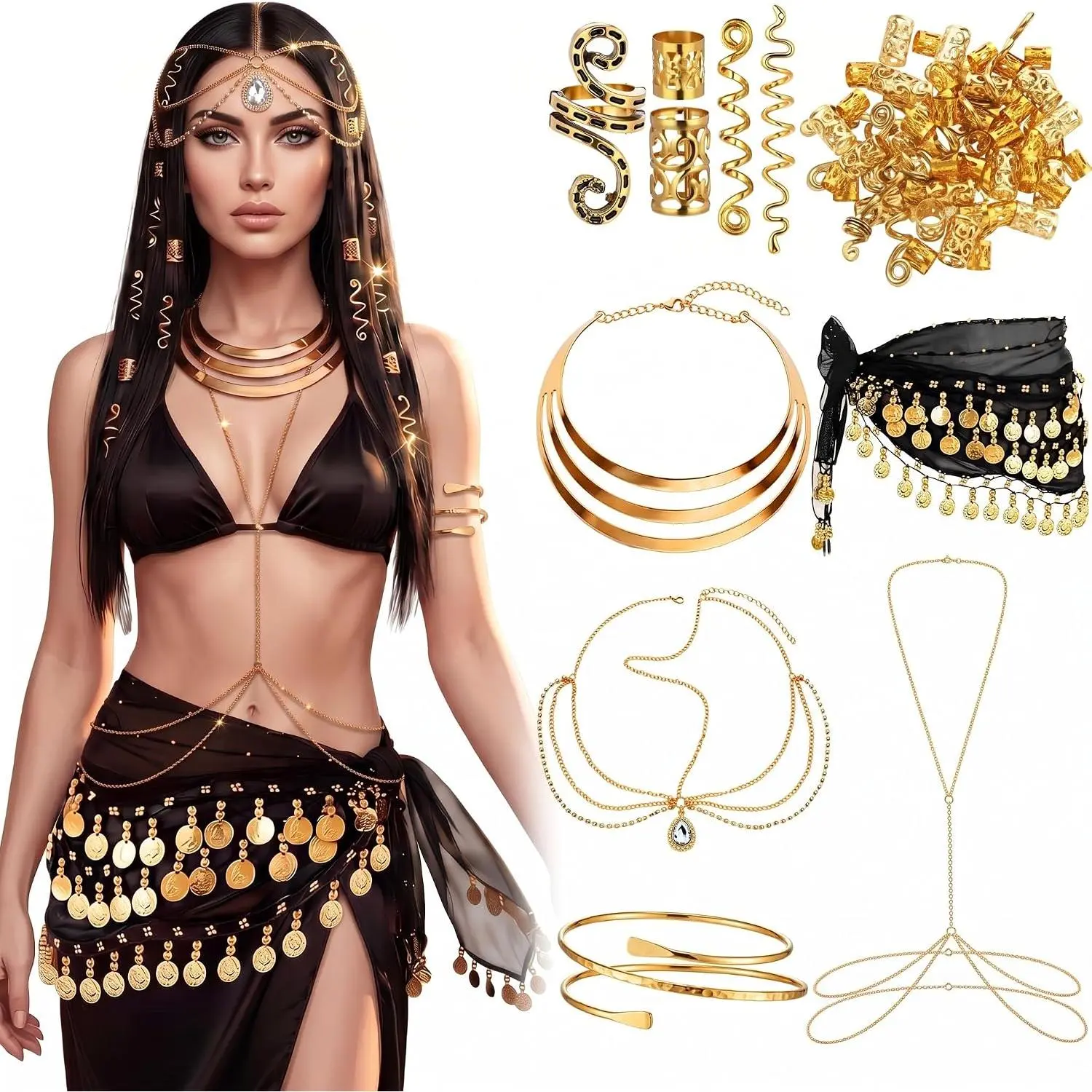 45 count Egyptian  Accessories for Women Cleopatra Costume Set  Tassel Headpiece  Circle Necklace Snake Hair Beads Chiffon  Belt & Chest Chain Armlet for   Party