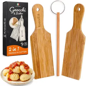 KneadEat Gnocchi Board and Garganelli Maker Set - Bamboo Pasta Board for Homemade Cavatelli, Includes Pasta Roller, Paddles, and Dough Cutter for Italian Cooking