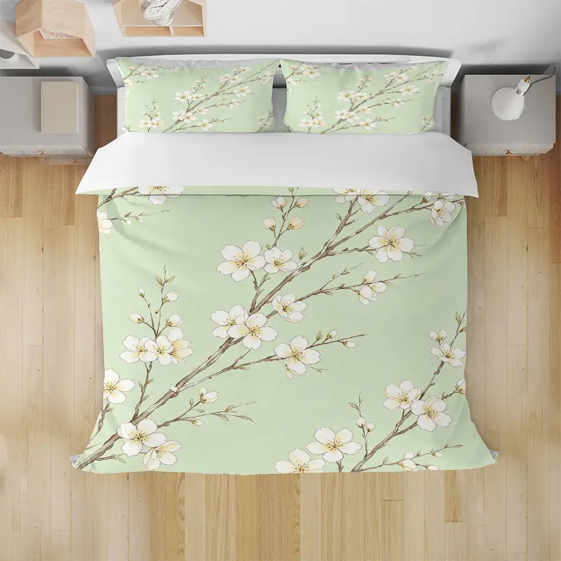 Cherry Blossom Bedding Set - Soft Green with White Flowers, Includes Duvet Cover and Pillowcases, Perfect for Spring Decor