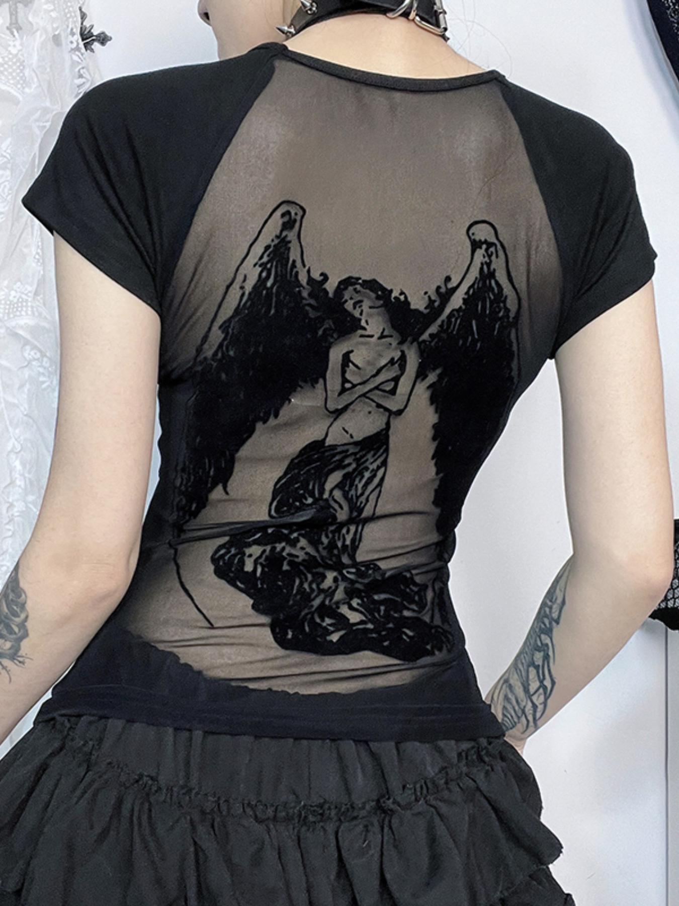 Women's Angel Print Sheer Round Neck Tee, Fashion Casual Crew Neck Short Sleeve T-shirt for Daily Holiday Vacation Outdoor Wear, Ladies Clothes for All Seasons,  Clothes for Women, Top, Womenswear