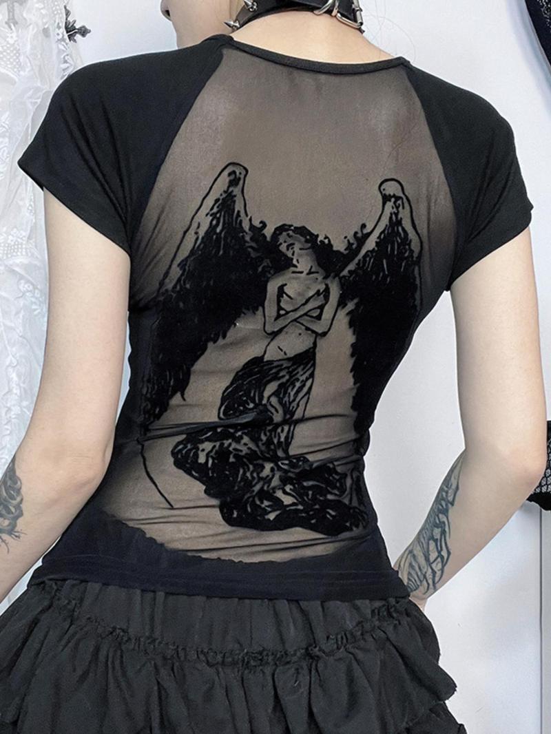 Women's Angel Print Sheer Round Neck Tee, Fashion Casual Crew Neck Short Sleeve T-shirt for Daily Holiday Vacation Outdoor Wear, Ladies Clothes for All Seasons,  Clothes for Women