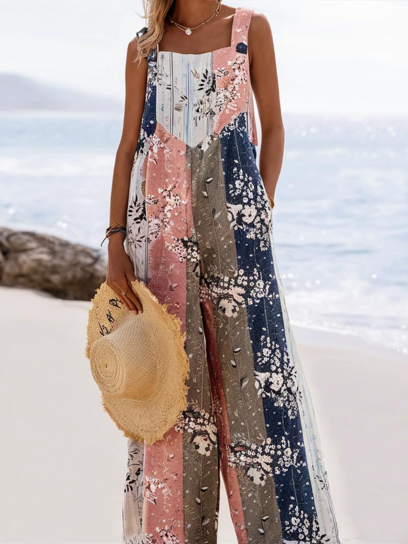 Plus Size All Over Print Button Design Overall Jumpsuit, Boho Sleeveless Wide Leg Jumpsuit for Beach Holiday Vacation, Women's Clothes for Summer