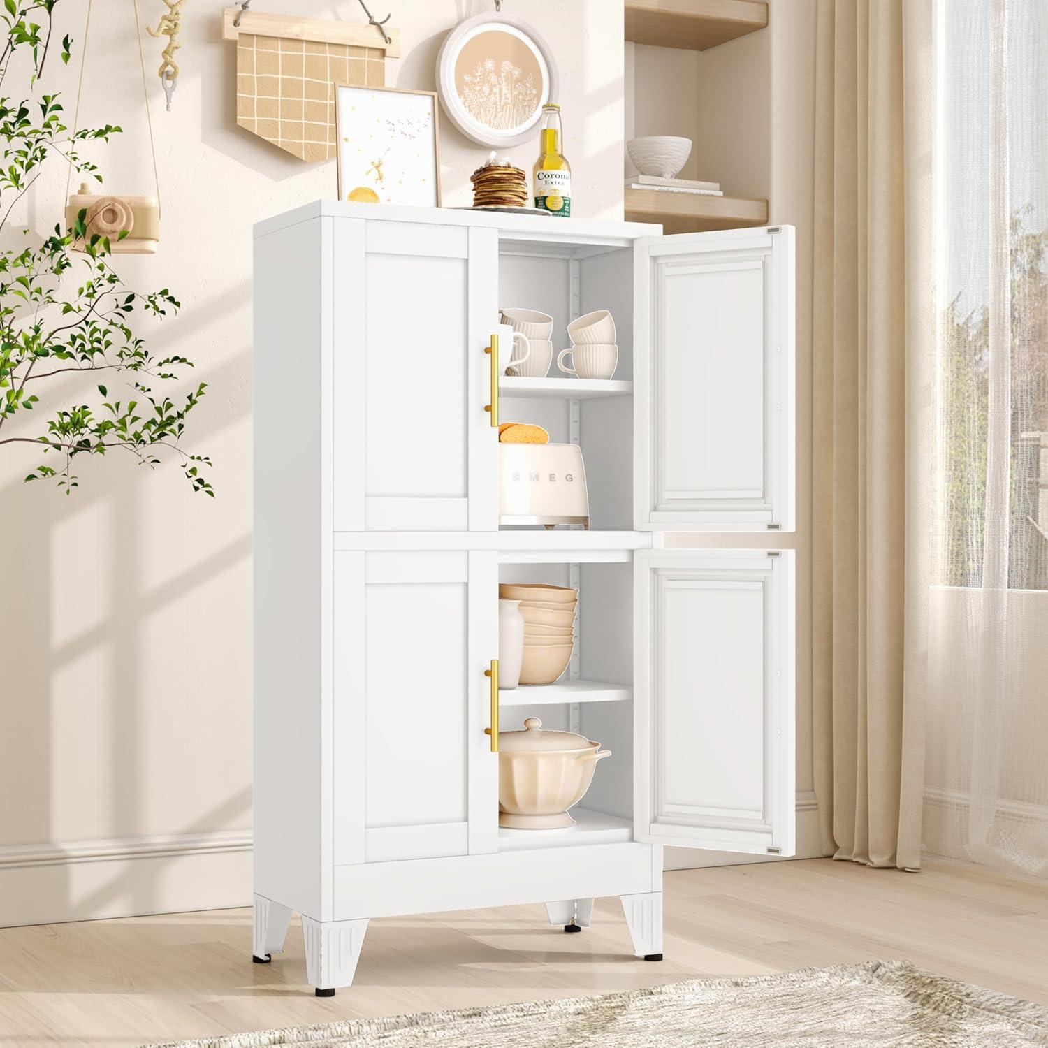 Kitchen Pantry Cabinet 47" Tall Metal Storage with Doors & Adjustable Shelves Black Freestanding Organizer for Kitchen Dining Room Living Room Laundry Room Minimalist Drawer Tower