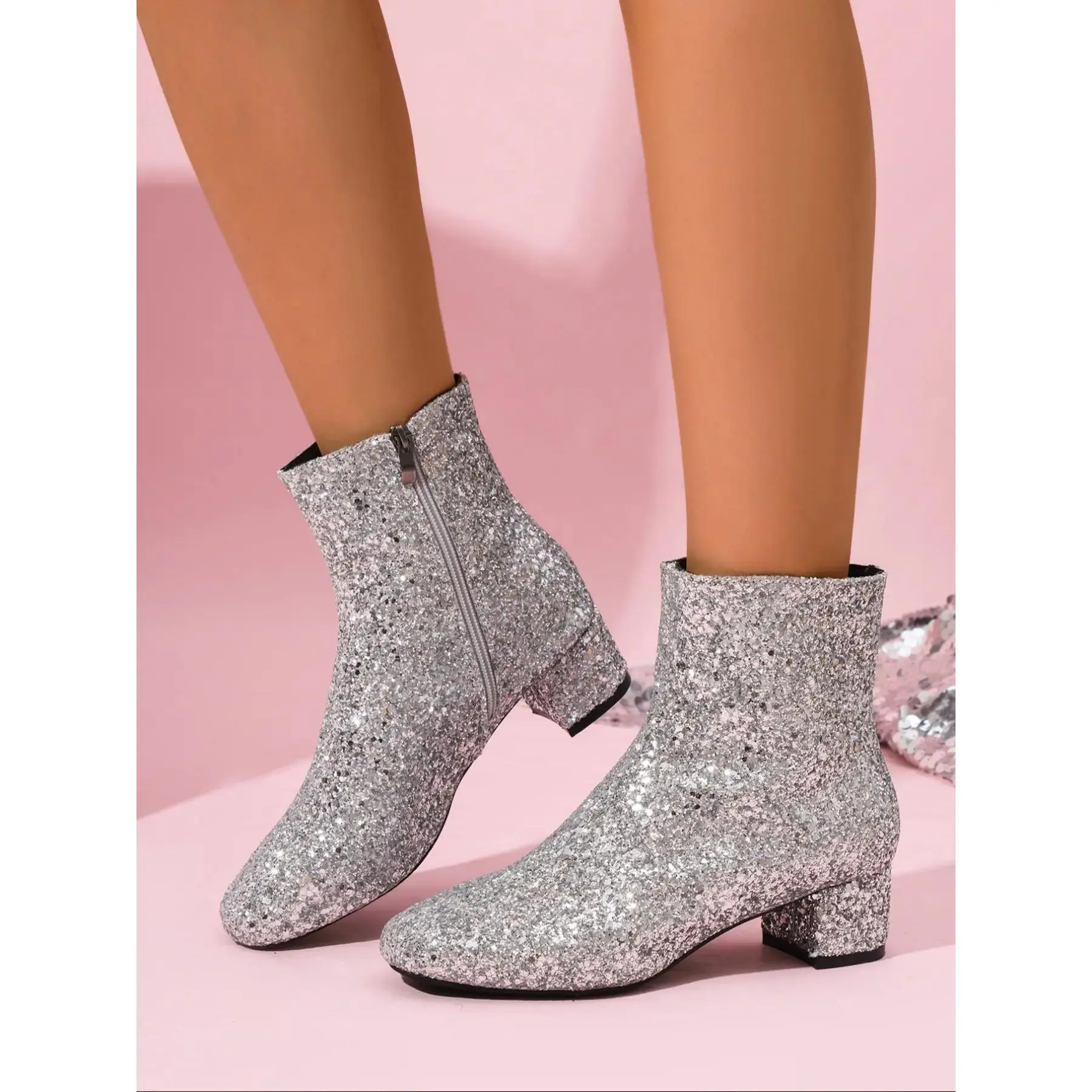 YYW1 Women's Fashion Sequin Short Boots, Trendy Boots with Zipper Design, Chunky Heel, Shiny and Stylish, Perfect Parties and Outings, Elegant Boots, Footwear Boot