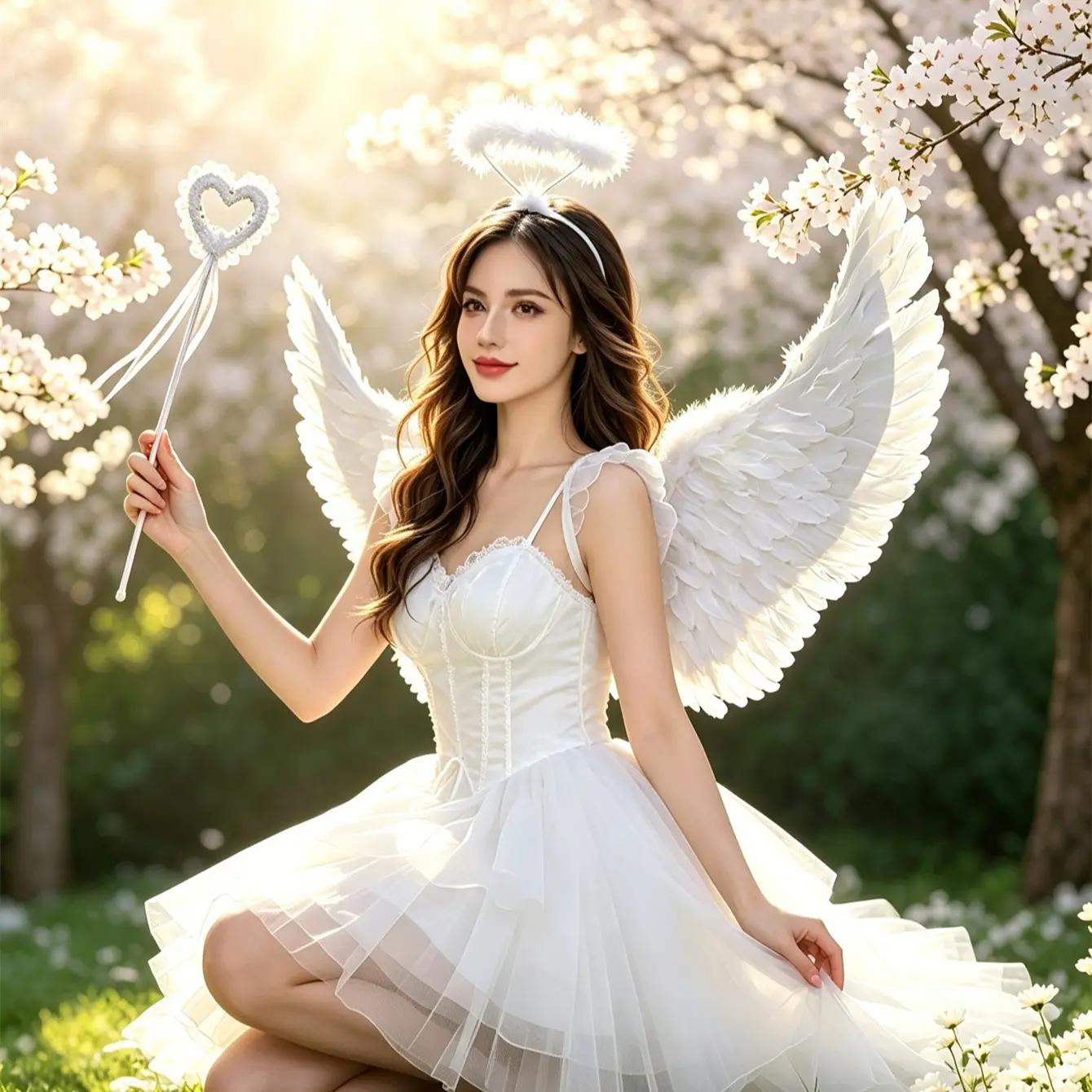 Halloween Angel Wings Costume Set, Feather Wings Halo Wand, Role Play Birthday Party Photo Props, Unisex Adult Halloween