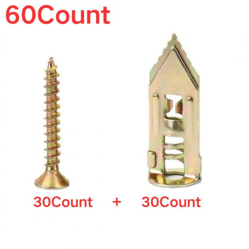 60Count Drywall Self Drilling Anchors and Screws,Easy Application,No Drill or Holes in Wall,Heavy-Duty Zinc-Plated Steel Anchors with Self-Tapping Screws,Hollow Screws and Anchors for TV,Bicycle,Cabinet Fixing Accessories.