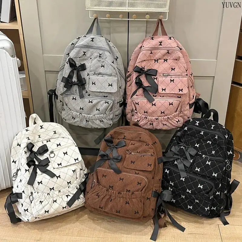 Backpacks for School, Cute Corduroy Bow Print Bookbag for Students, Large-Capacity Korean-Style Daypack for Daily Use & Travel, Cute Backpacks For School, School Backpacks tiktokshopbacktoschool