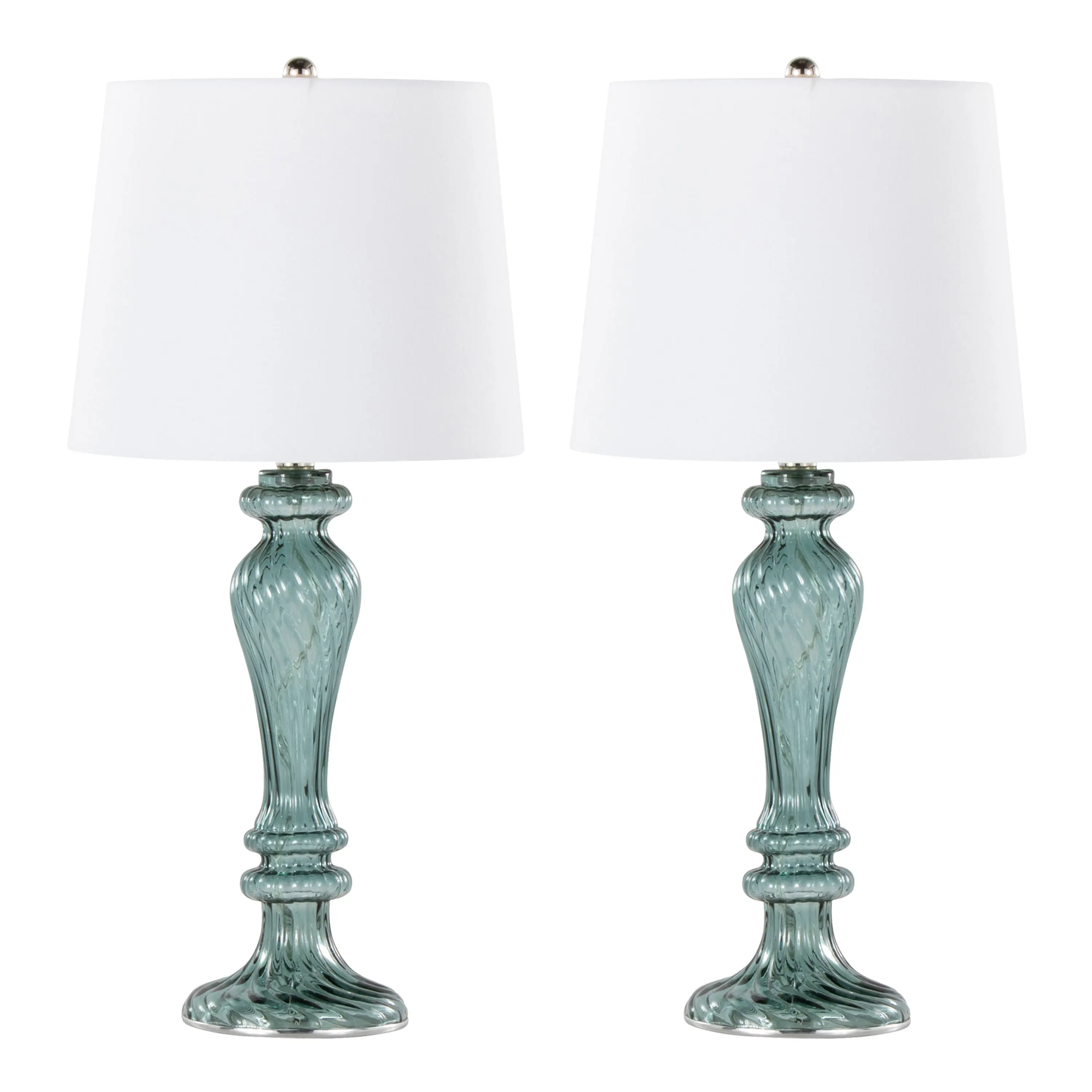 Nokaa Set of 2 Contemporary Glass Table Lamps 25 in Clear Turquoise with Off-White Linen Shades and Polished Nickel Accents for Living Room Bedroom Nightstand End Table Decor