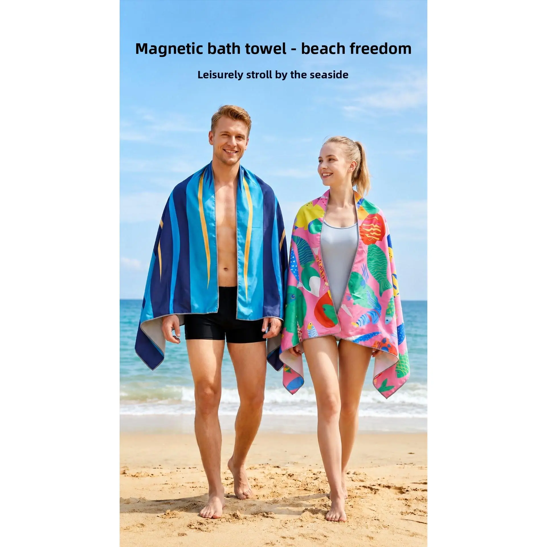 Unisex Magnetic Snap Closure Sports Towel - Double-Sided Plush Fleece, Sand-Proof, Quick-Dry, Washable, Ultra-Portable with Carry Pouch, Trendy Palm Printed Pattern, Ideal for Beach/Pool, Picnic