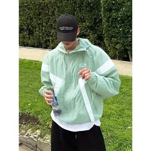 Men's Lightweight Windbreaker Jacket Color Block Zip Up Hooded Track Jacket Loose Fit Casual Athletic Windproof Jacket for Outdoor