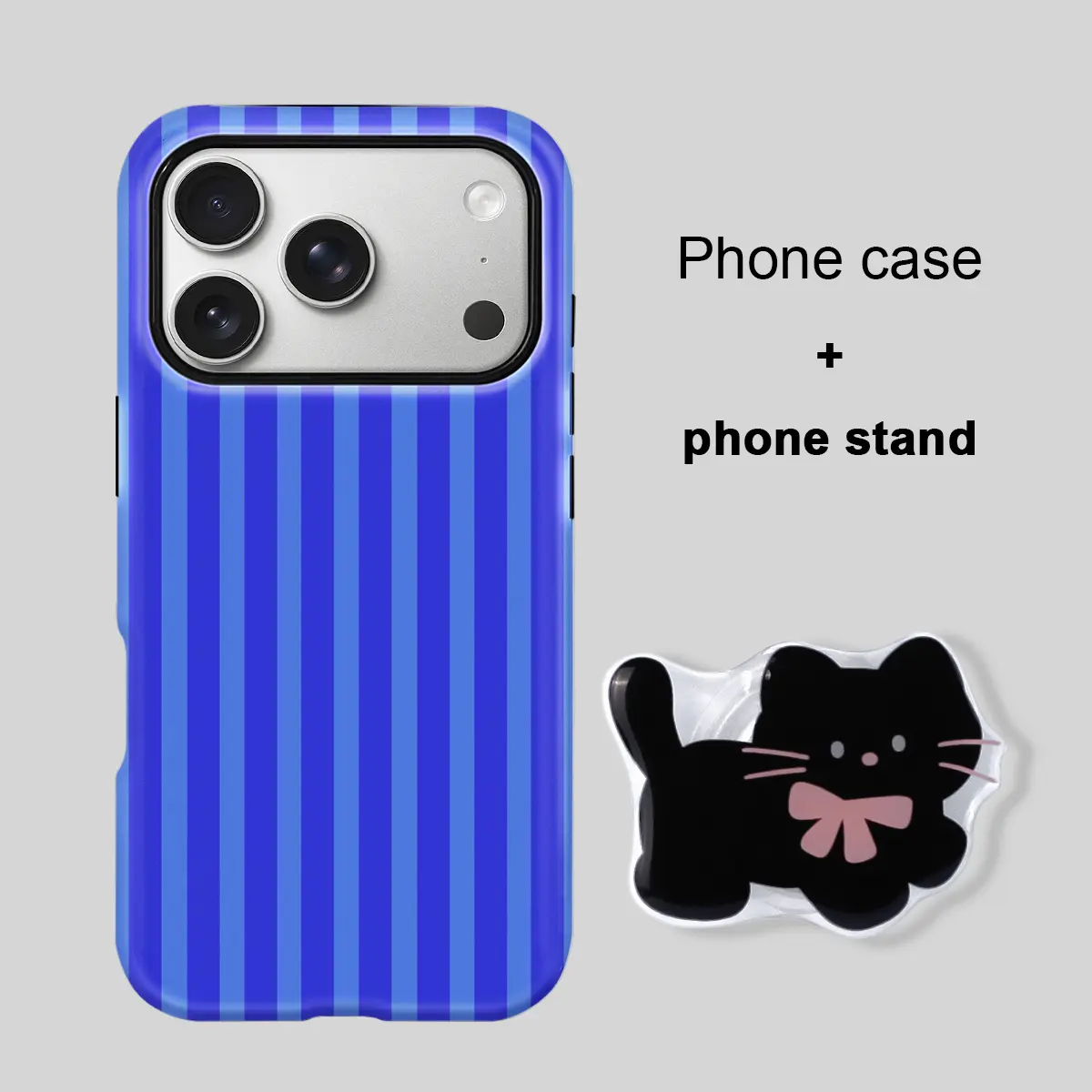 Blue Vertical Striped iPhone Case with Cute Bow Black Cat PopSocket Grip, Raised Lens Shockproof Cover, Trendy Daily Accessory & Birthday Gift for Girls, Compatible with iPhone 17 Pro Max/17 Pro/16 Pro Max/15 Plus/14/13/12/11