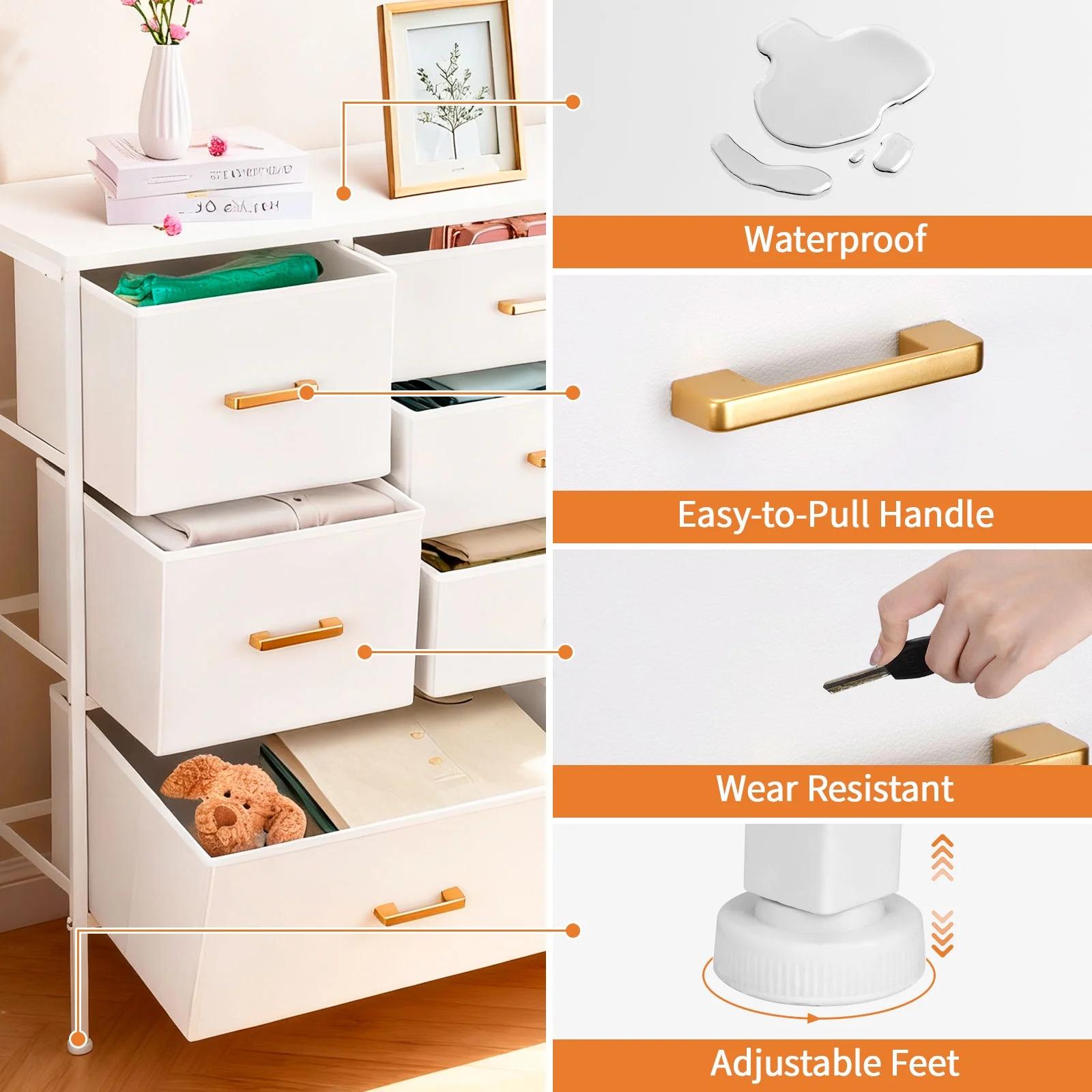 SICANDAENHK Maximize space with this stylish 9-drawer fabric storage tower!Slim tall chest of drawers with durable fabric bins offers large capacity for clothing, blankets, accessories and baby items.Clean white finish fits any decor, ideal for bedroom