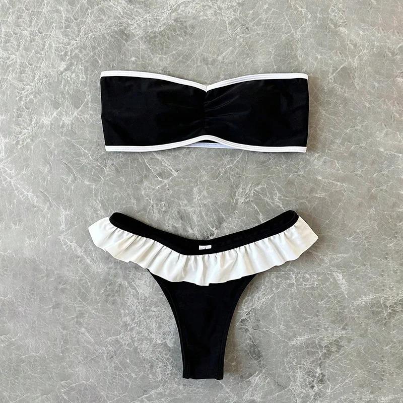 Women's Strapless Swimsuit 2-piece Suit Solid Color Patchwork Push Up Ruffle Thong Beach Hot Spring Bikini Set New Swimwear bandeau  bathing  top
