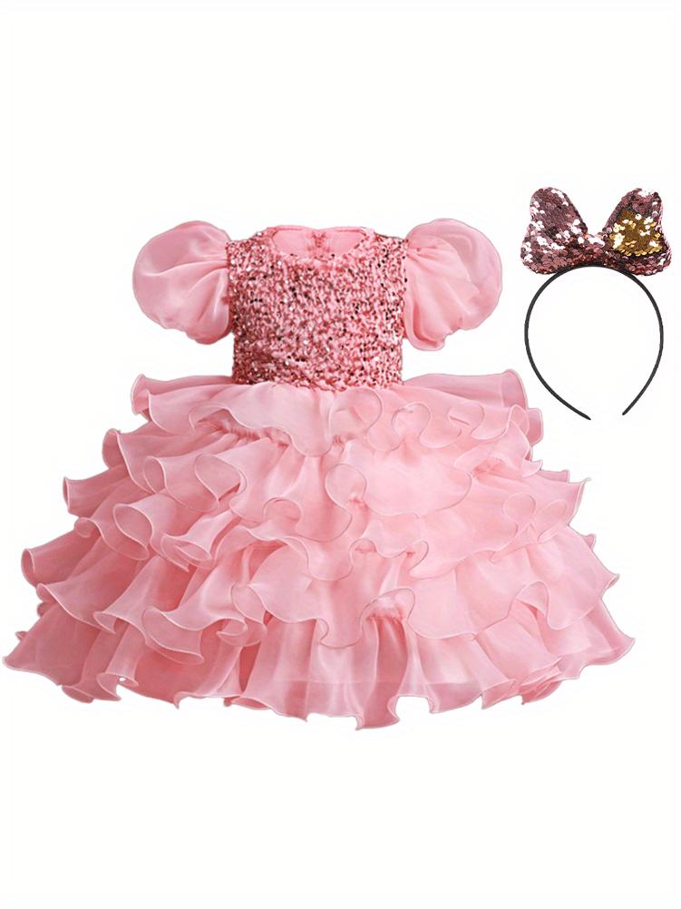 Girls Sparkling Sequin Princess Dress Puff Sleeves Halloween Christmas Dance Performances Formal Dresses for Youngsters Stage Performance Skirt with Positioning Holes