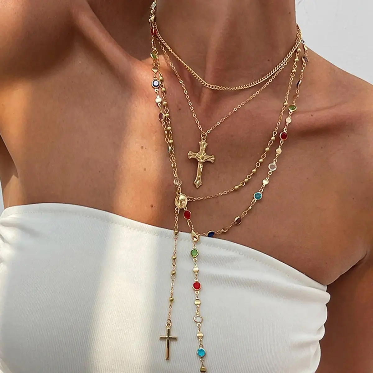 Rosary Style Layered Cross Necklace Chain, Colorful CZ Gold-Plated Alloy Rhinestone Jewelry, Boho Religious Daily Wear Accessories, Crucifix for Festival, Religious Jewelry Gift summervibes
