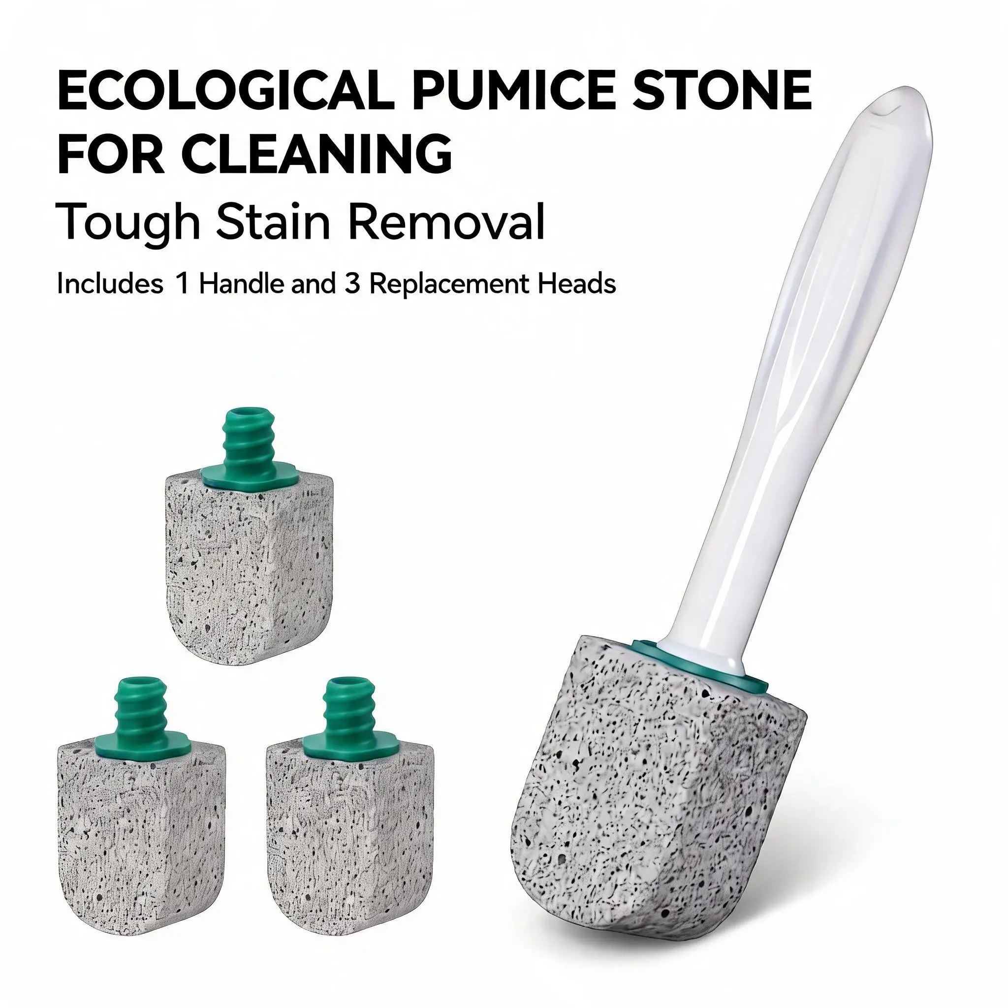 Pumice Stone Toilet Brush with Handle, 3 Replacement Heads, Hard Water Stain Remover, Limescale Rust Cleaner for Bathroom Sink Pool