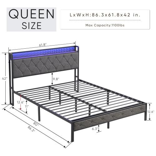 Bellemave Full/Queen/King Bed Frame with Storage Headboard Charging Station & LED Lights Upholstered Platform No Box Spring Needed Noise Free Easy Assembly Dark Gray