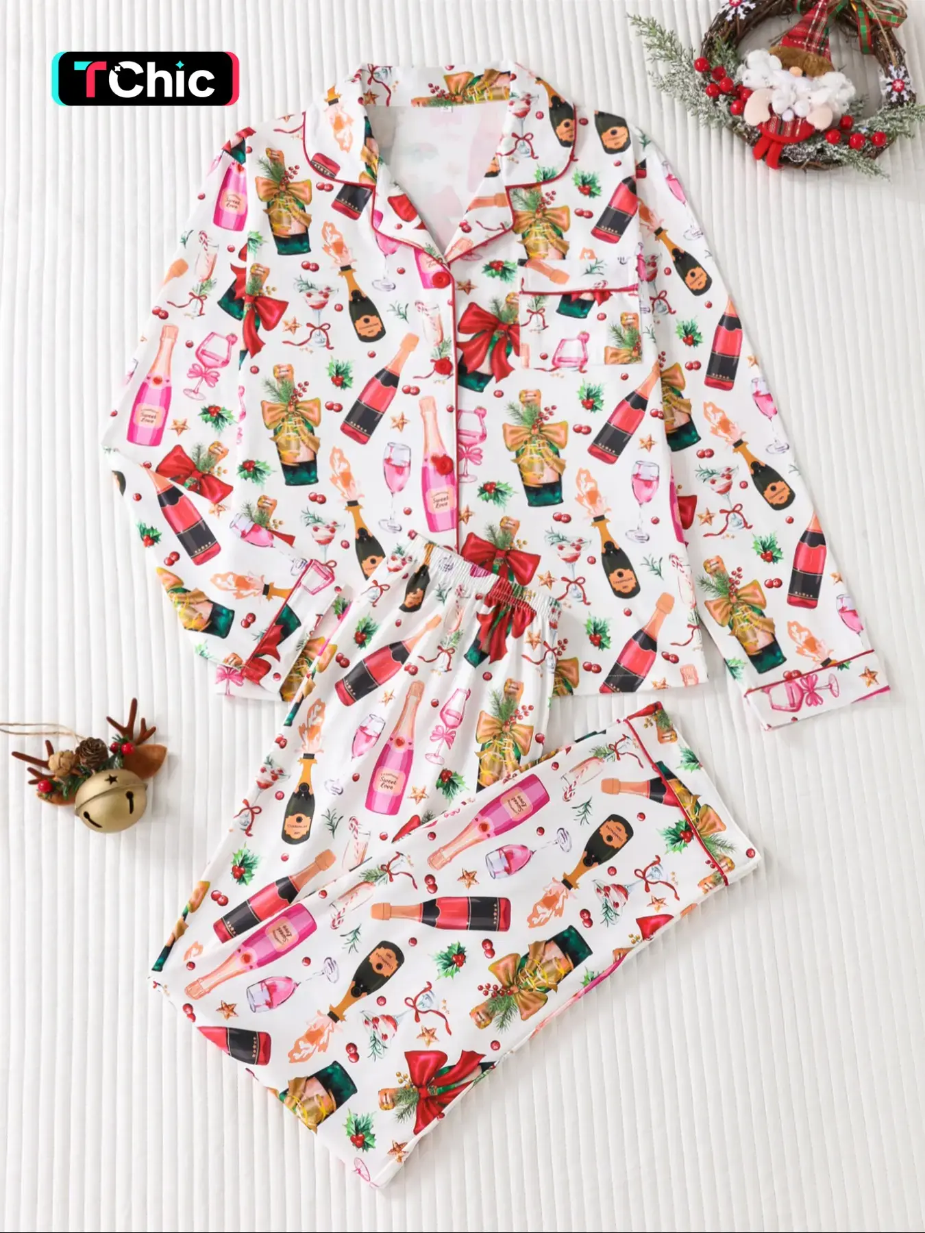 Women's Christmas Theme Long Sleeve Sleepwear Set, Casual Fitted Pajamas & Home Wear, All-Over Printed Design, Spring/fall Season