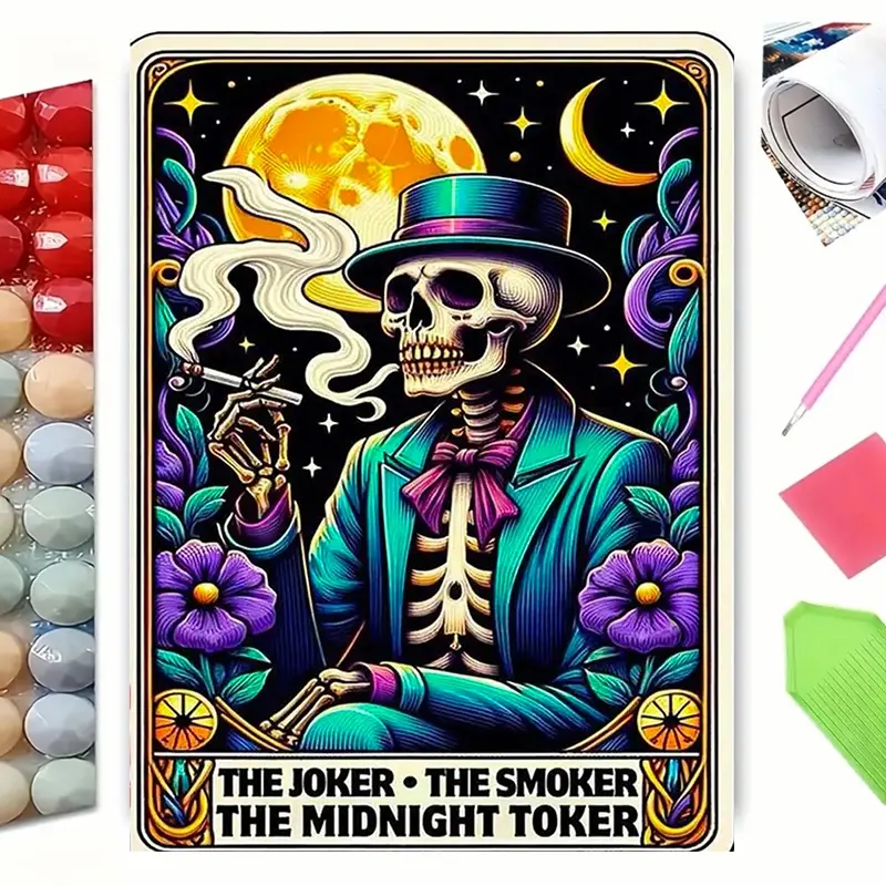 5D Diamond Painting Gentle Skeleton In Suit Top Hat Tarot Card Art, Full Round Drill DIY Diamond Art, Moon Star Purple Flower Vintage Gothic Skull Mosaic Picture, Dark Art Wall Decor Gift