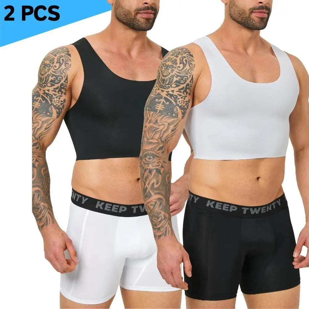 2Pcs Men Sleeveless Compression Vest Gynecomastia Chest Binder Breathable Summer Shaper For Trans FTM Sport Undershirt