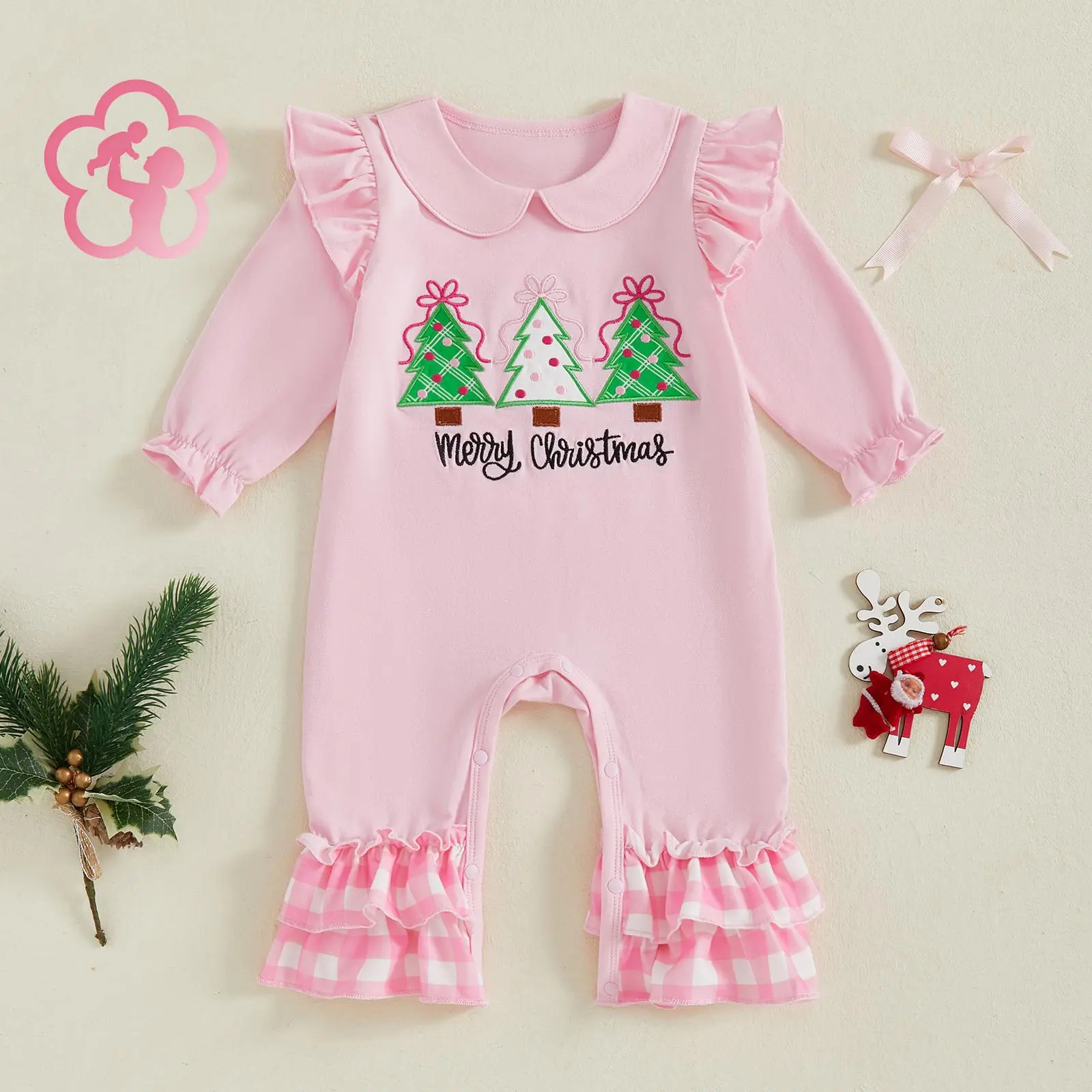Baby Girl Christmas Romper Long Sleeve Doll Collar Christmas Tree Embroidery Jumpsuit