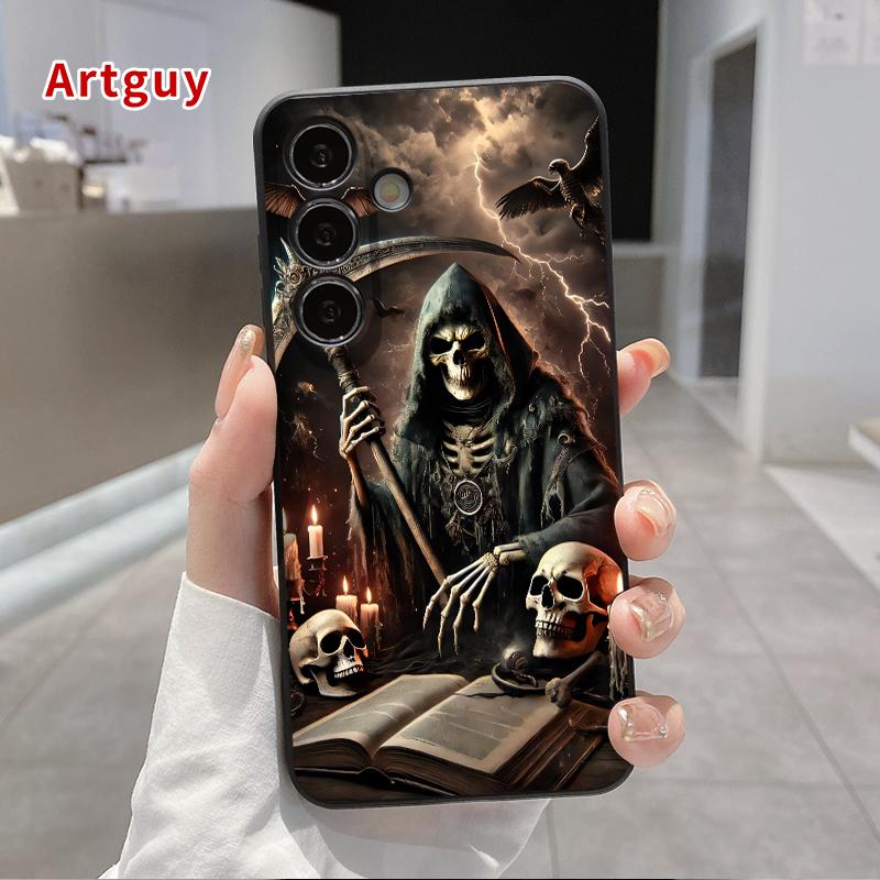 Grim Reaper Pattern Straight Edge Phone Case Compatible with Samsung S24 ultra plus S25 S23 S22 Ultra Plus Shockproof Full Camera Protection Durable Slim Silicone Cover