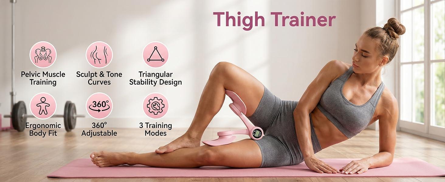 Thigh Trainer Pelvic Floor Muscle Trainer with 3 Smart Modes, 360 °   Adjustable Design Kegel Inner Thigh Exerciser with 25LB Resistance Band for Home Gym, Workout Equipment for Hip, Leg and Arm