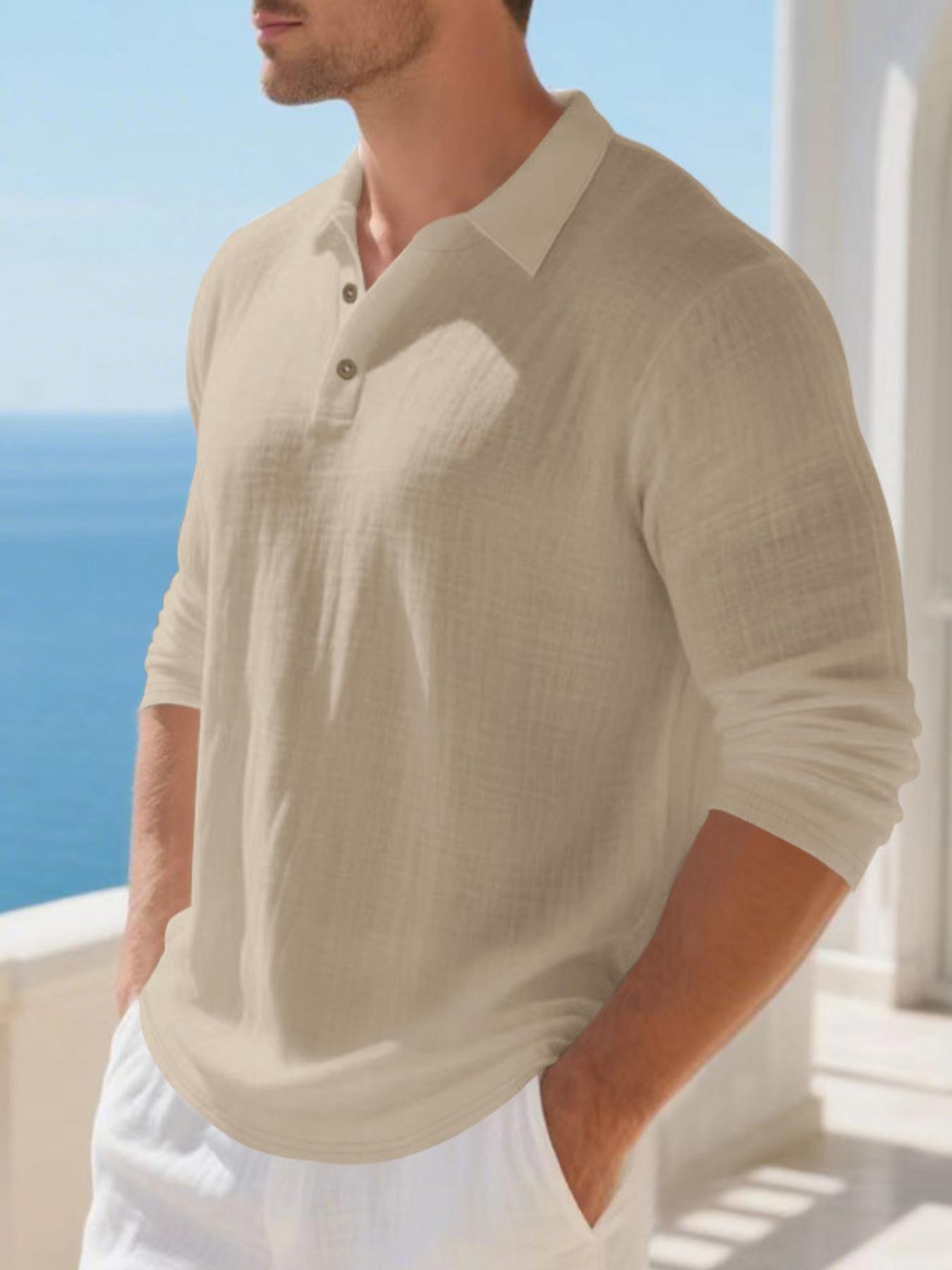 Men's Linen Long Sleeve Polo Shirt, Beach Vacation Style, Skin-Friendly Breathable Loose Fit, Casual Spring & Fall Wear, Menswear