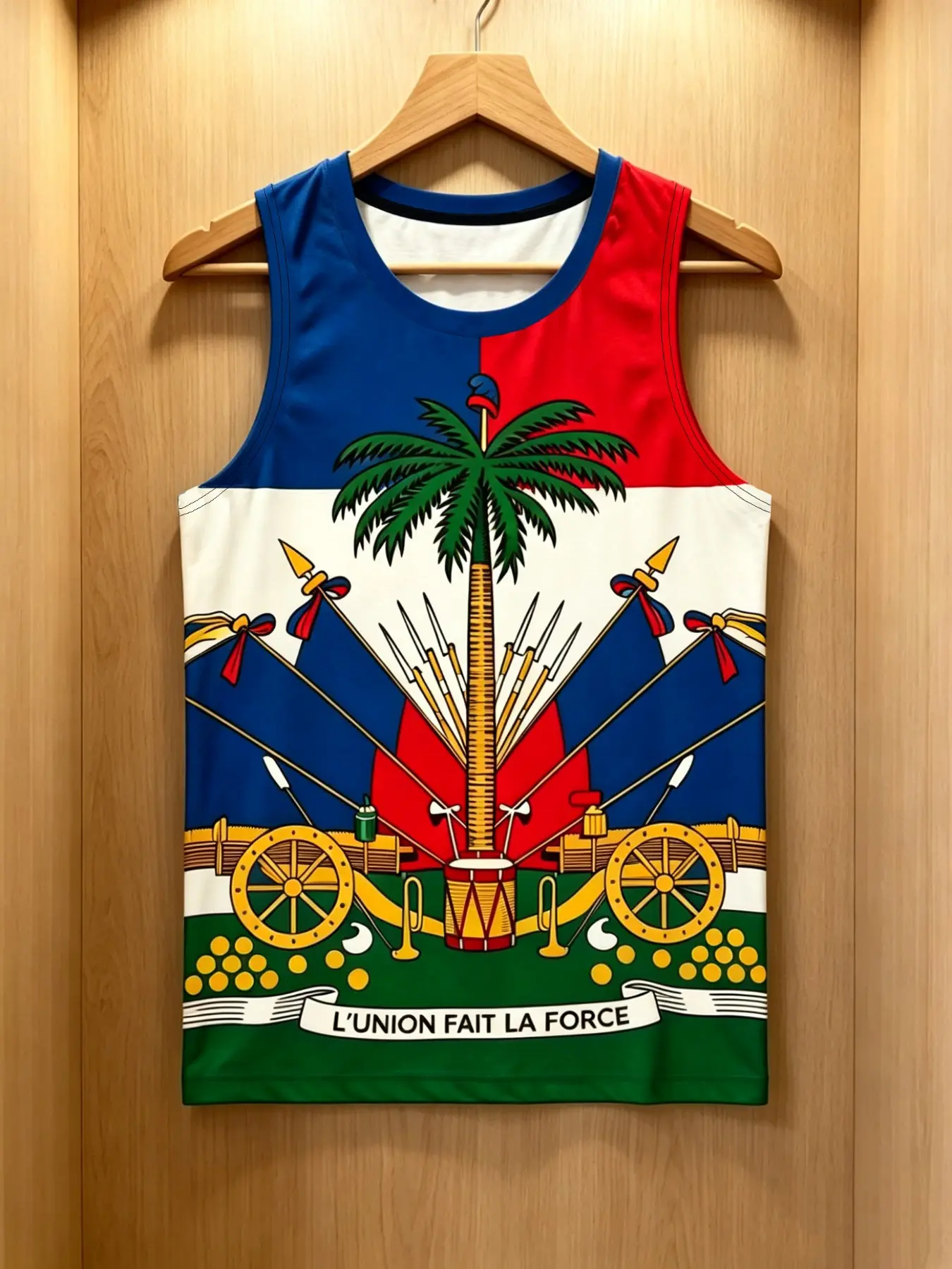 Men's Haiti Flag Emblem Print Sleeveless Loose Tank Top, Casual Summer Shirt, Comfortable Daily Wear, Long H-Type Fitted Style, Sleeveless Clothes