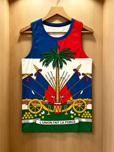 Men's Haiti Flag Emblem Print Sleeveless Loose Tank Top, Casual Summer Shirt, Comfortable Daily Wear, Long H-Type Fitted Style