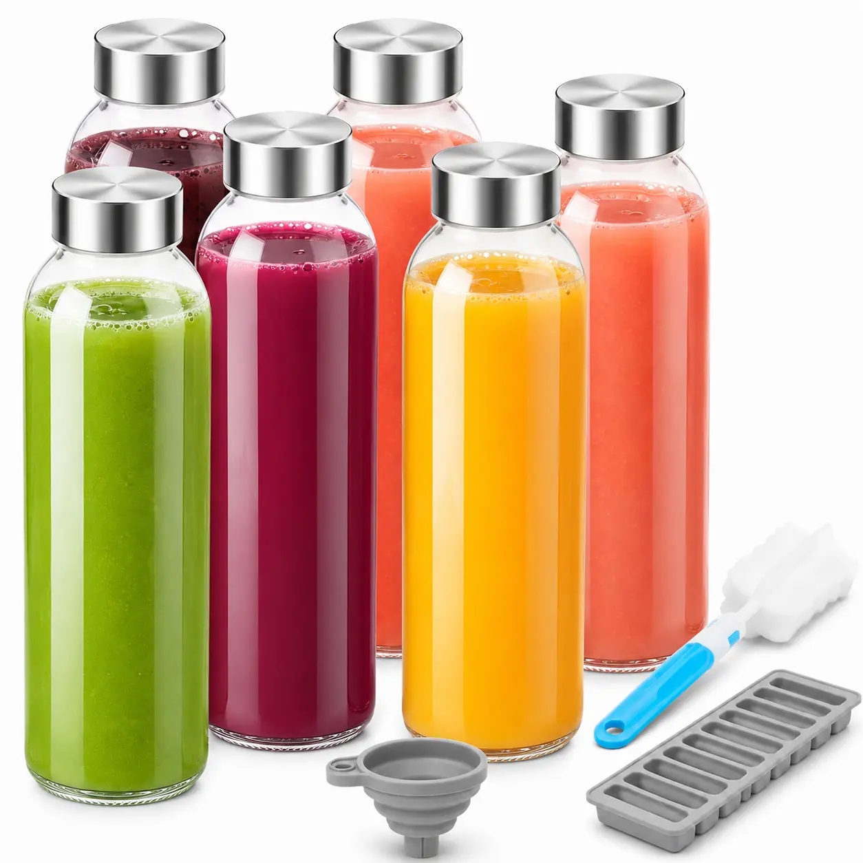 6 Pack 18 oz Glass Juice Bottles with Lids, Reusable Clear Glass Water Bottles with Stainless Steel Caps for Juice, Milk & Fridge,cooler,accessory,