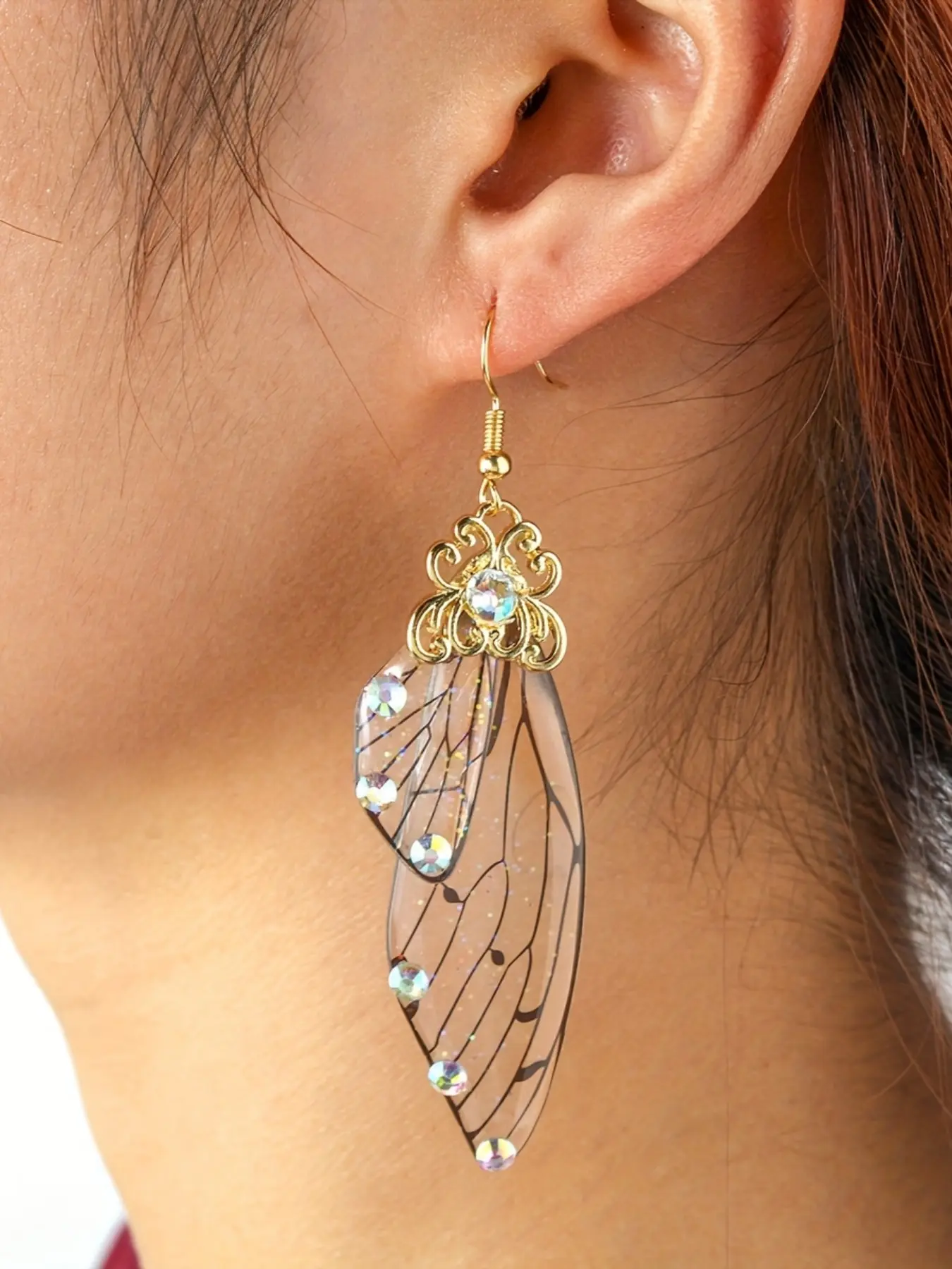 1Pair of  Handmade Fairy Tale Style Simulation Butterfly Wing Earrings, Insect Wing Dangle Earrings, Sequin & Imitation Rhinestone Earrings, Sweet Bridal Jewelry