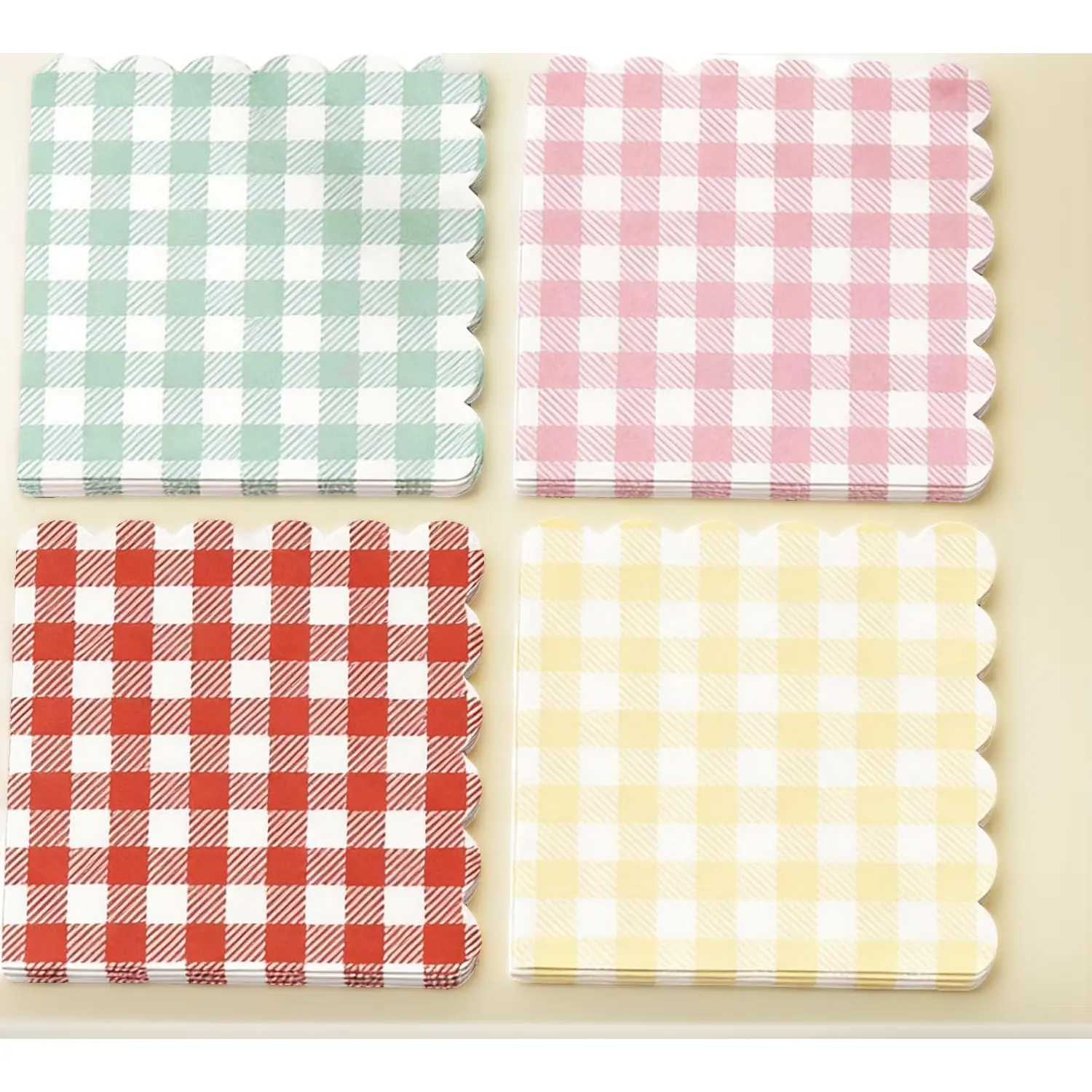 100 PCS Gingham Paper Napkins, Disposable Checkered Napkins with Scalloped Edge,  for Picnic, Birthday Party, Tea Party, BBQ, Garden Party Decor