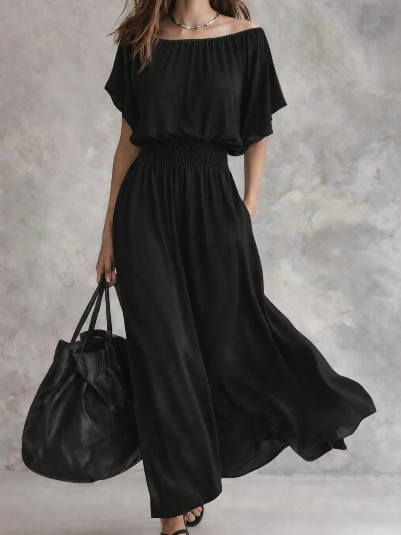 Women's off Shoulder Maxi Dress, Elegant Smocked Waist, Flowy Long Dress, Loose Fit Batwing Sleeve, Bohemian Style, Boho Summer Chic Dress, Boho Casual Comfy