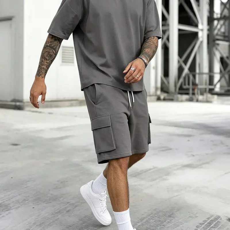 Men's Solid Color Tee & Drawstring Waist Shorts Two-piece Loungewear Set, Regular Fit Breathable Soft Comfy Round Neck Short Sleeve T-shirt & Pocket Shorts Set, Men's Casual Sleepwear for Summer Shorts Pajama Outfit