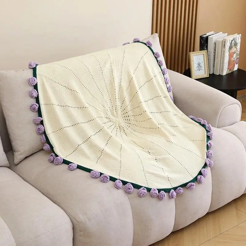 Round Rose Bundle Blanket Office Nap Yarn Ball Flower Carpet Hand Woven Blanket Foldable Into A Rose Bouquet Shape