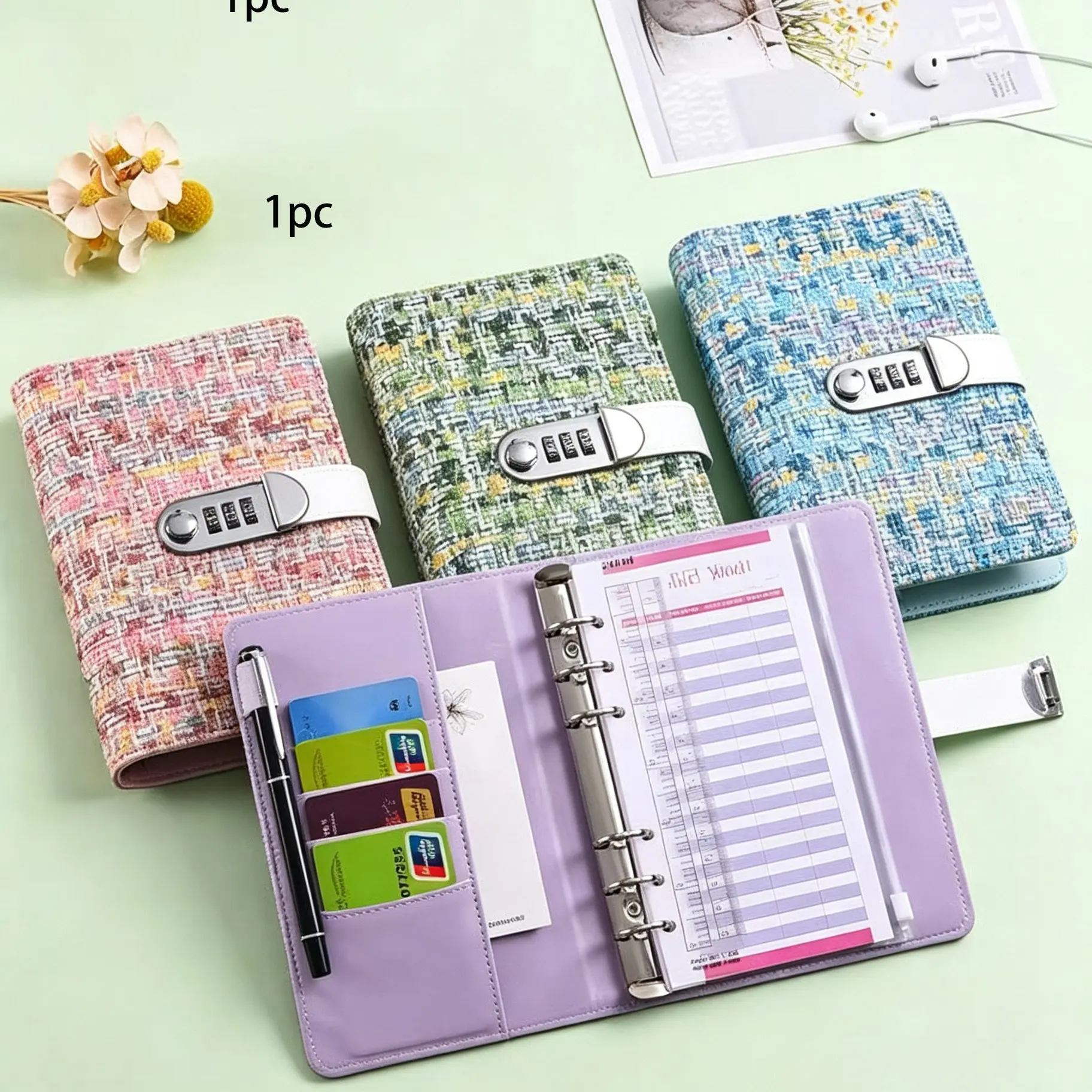 A6 Plaid Password Binder Budget Ledger, Metal Six-Ring Binder, Replaceable Budget Sheets, Blank Paper, Cash Pocket, Large Back Pocket