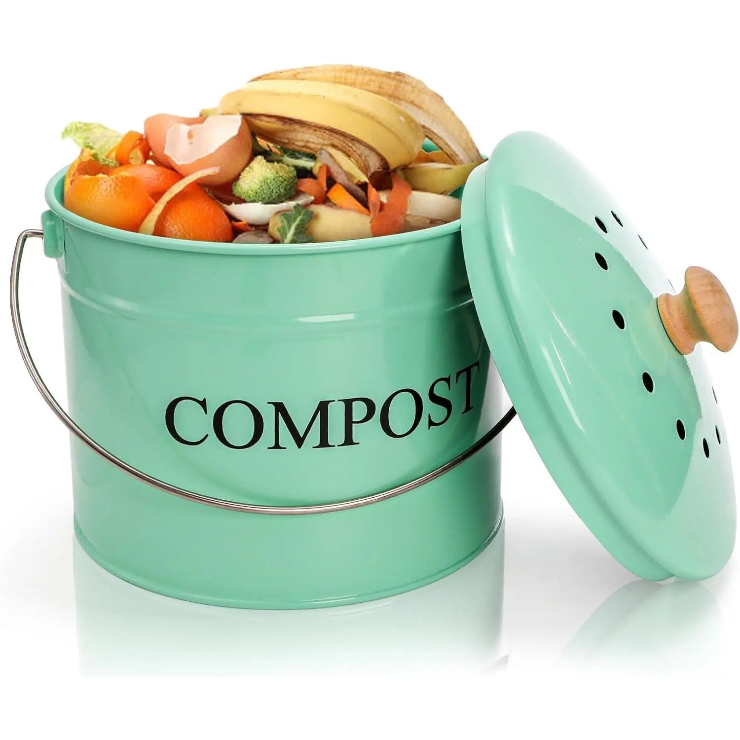AVLA Kitchen Compost Bin, 1 Gallon Countertop Food Waste Container, Odorless Composter Bucket with Lid and Charcoal Filter, Indoor Metal Composting Pail, Mint Green