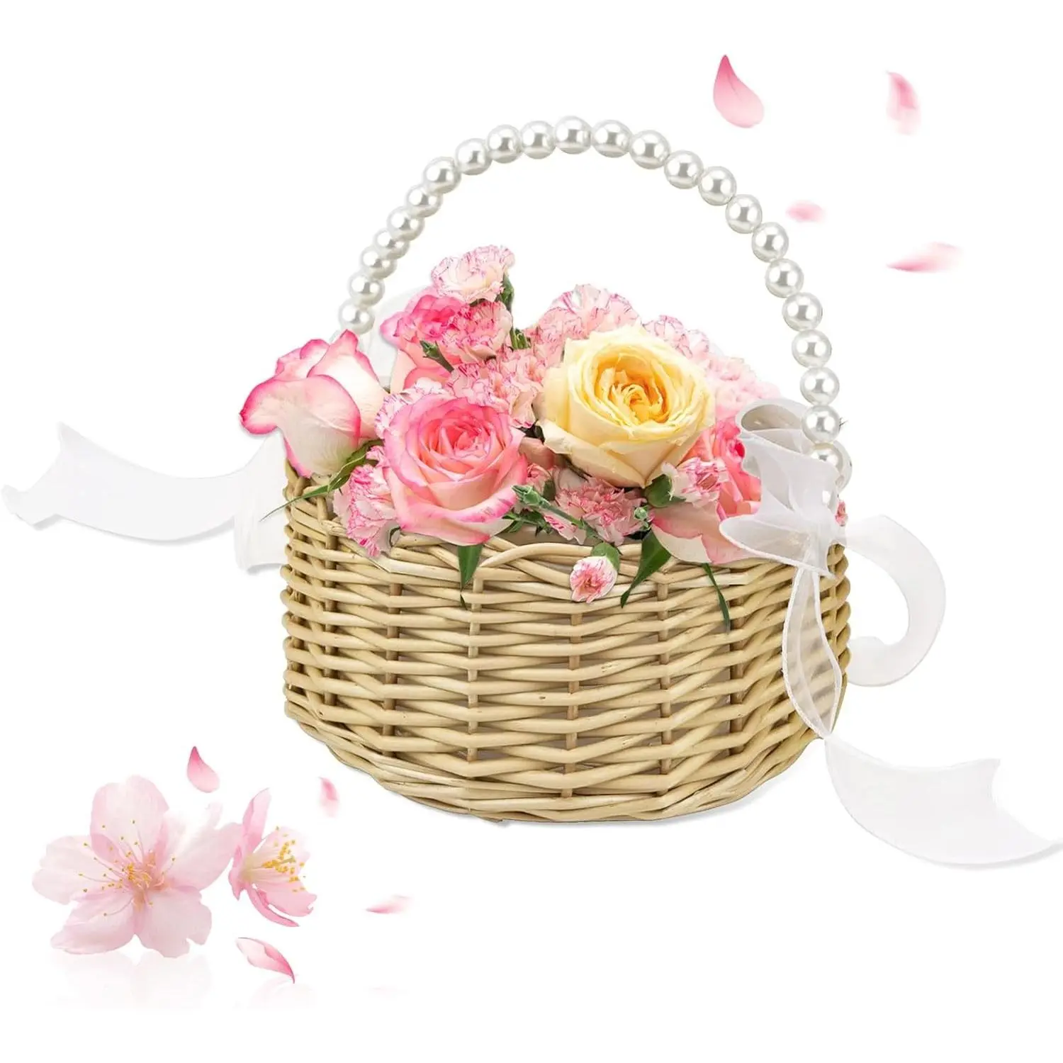 Flower Girl Basket, Wedding Flowers Basket, Large Wicker Flower Girl Basket with Pearl Handle and Ribbon Bow, Handwoven Wicker Flowers Baskets for Outdoor Picnic, Home Wedding Decor, Photo Props