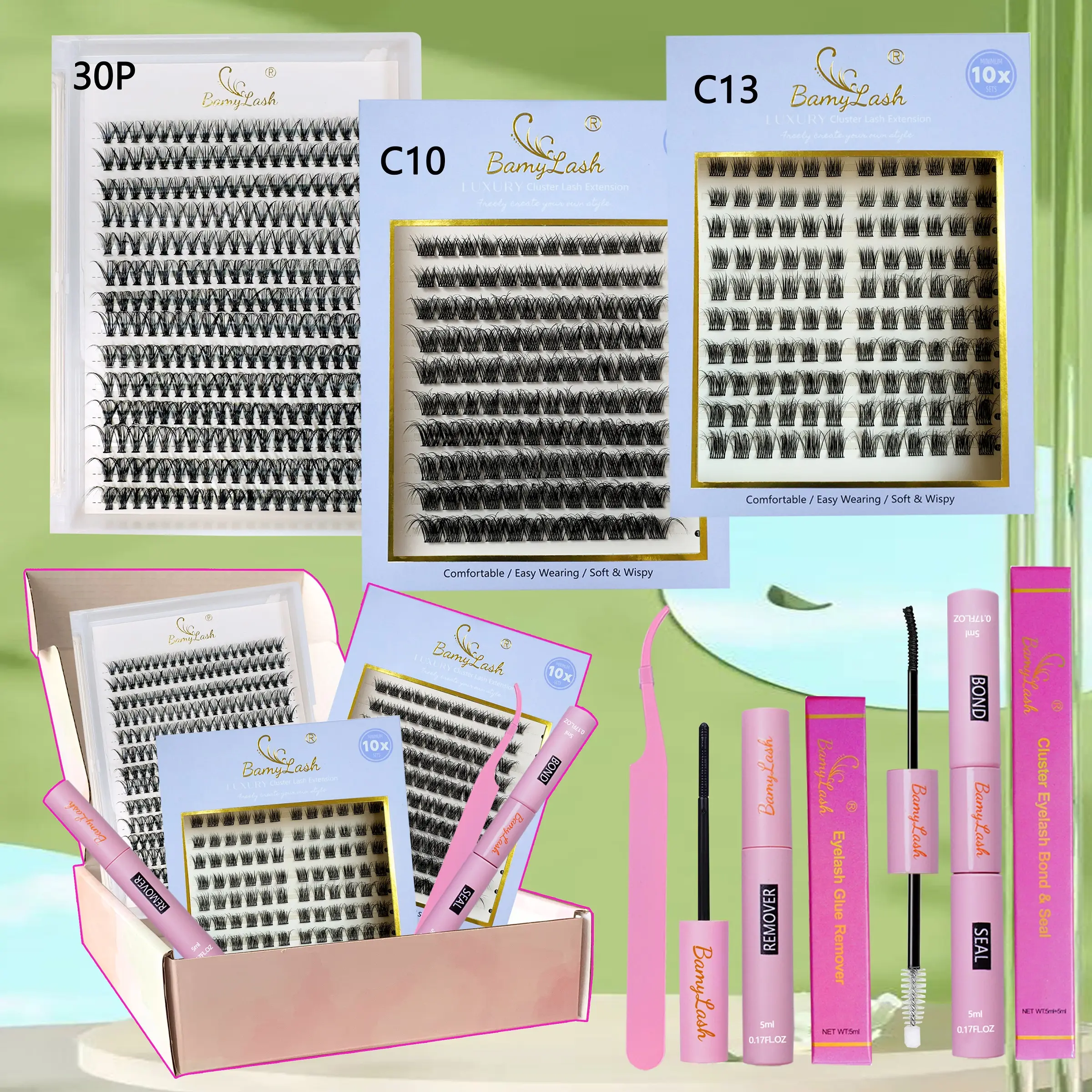 3 boxes Natural Cluster D Curl Eyelash Kit, Fluffy Eyelash Clusters, with Bond Seal Remover Applicator lash brushes, 30P Natural individual cluster lash extension, Diy Volume Eyelashes, perfect for home diy and everyday use